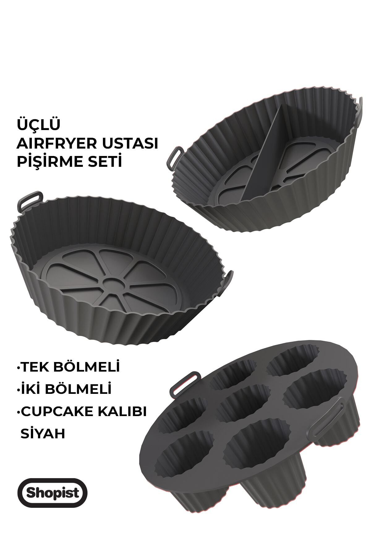 Airfryer Ustası 3'lü Pişirme Seti Silikon Siyah Renk Pişirme Kağıdı Airfryer Aksesuar Bpa Free