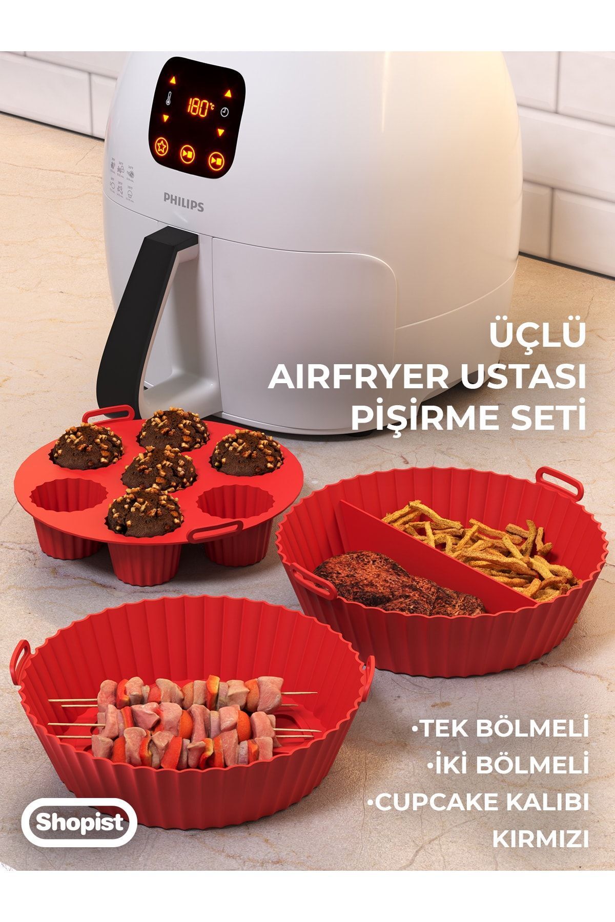 Airfryer Ustası 3'lü Pişirme Seti Silikon Kırmızı Renk Pişirme Kağıdı Airfryer Aksesuar Bpa Free