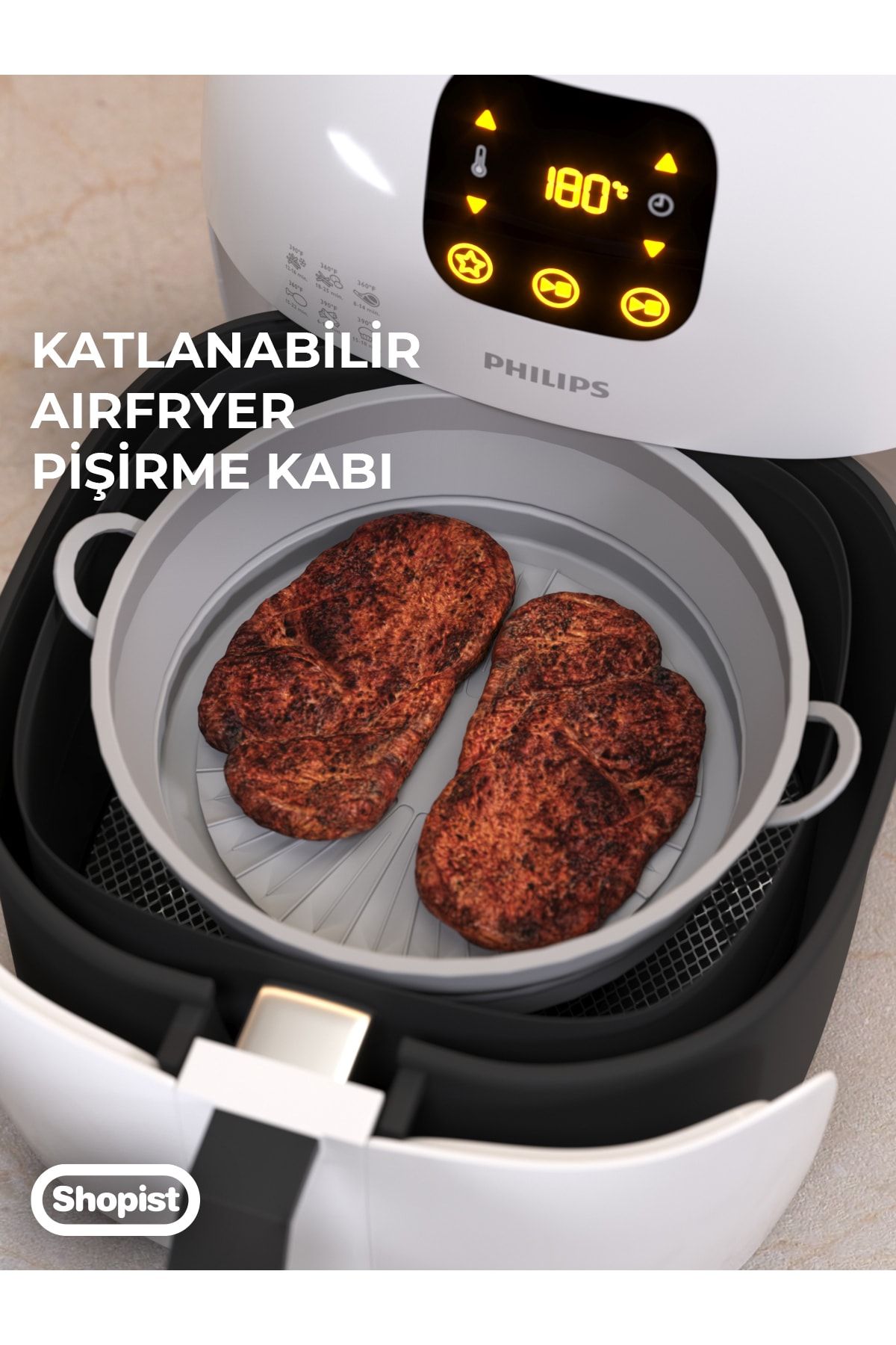 Katlanabilir Airfryer Pişirme Kabı Gri Silikon Pişirme Seti 6 Litreye Kadar Tüm Cihazlara Uygun
