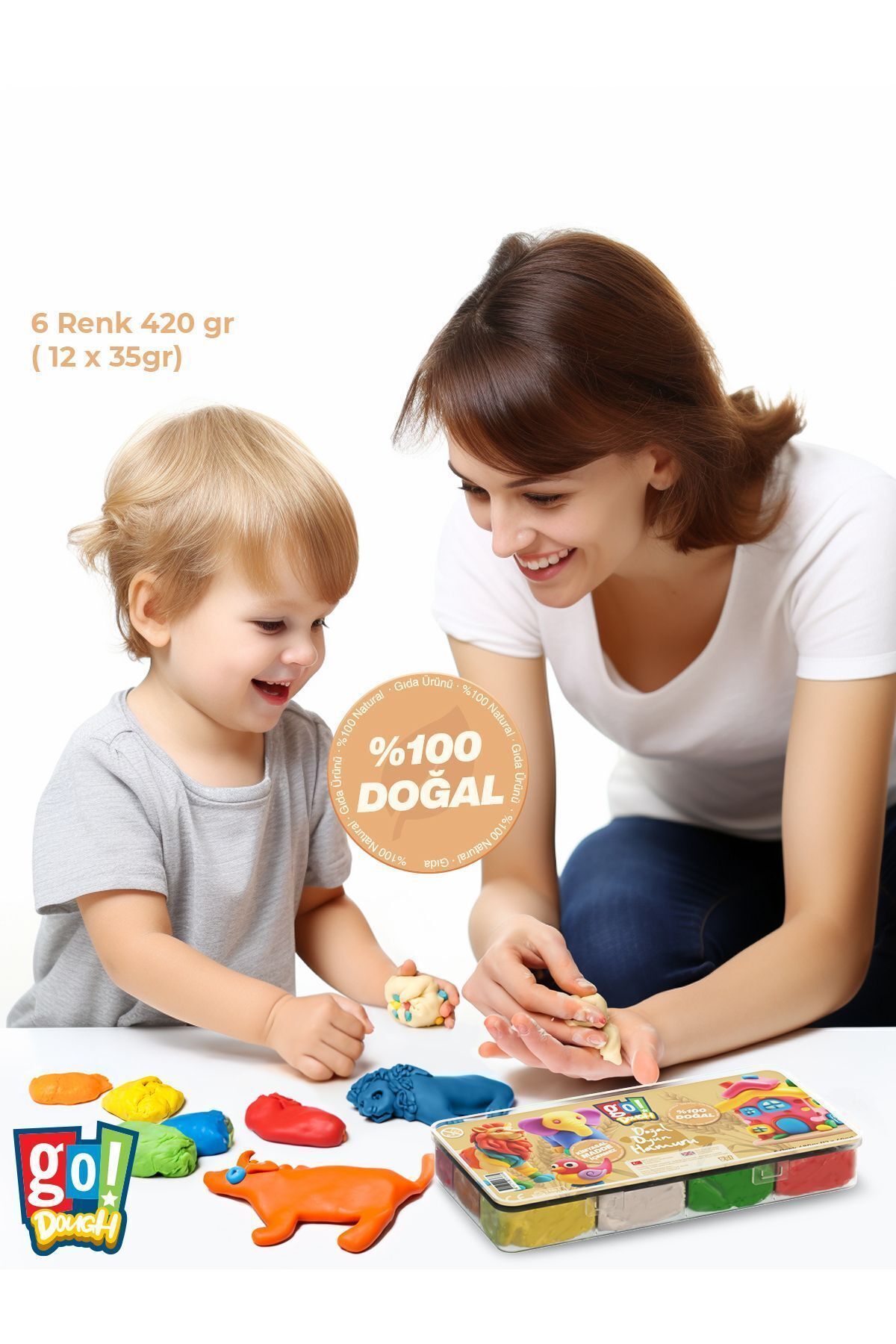 Go Dough Doğal Oyun hamuru 420gram (12Adet x 35gr) 6 Renk Uzun Ömürlü Saklama Kaplı