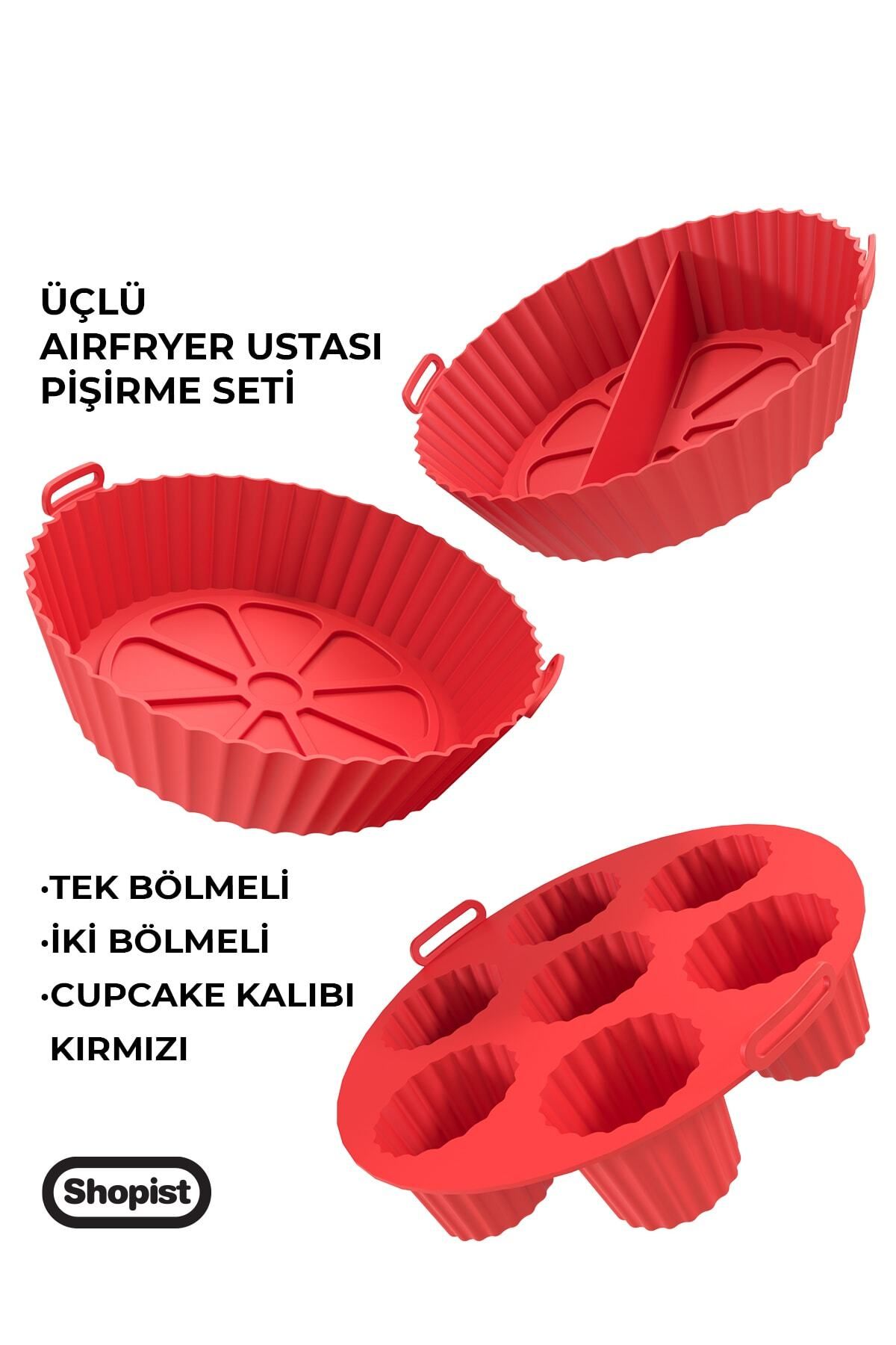 Airfryer Ustası 3'lü Pişirme Seti Silikon Kırmızı Renk Pişirme Kağıdı Airfryer Aksesuar Bpa Free
