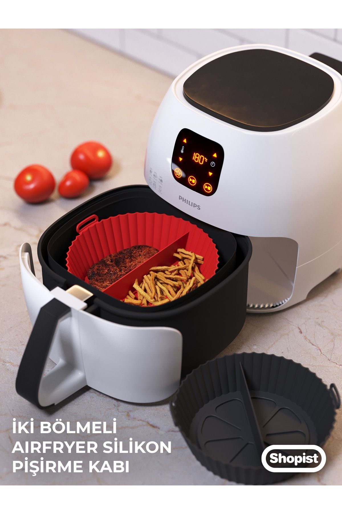 Airfryer 2 Bölmeli Pişirme Kabı Kırmızı Renk - Airfryer Pişirme Kağıdı Silikon Aksesuar - Bpa Free