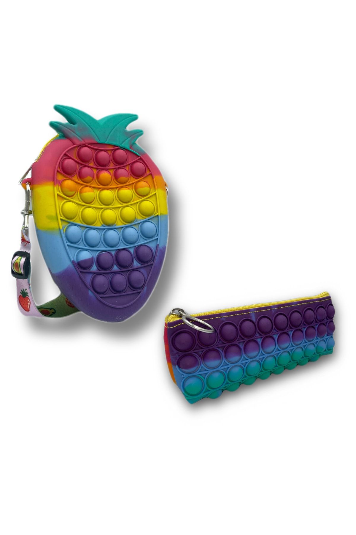 Popit Çilek Çanta & Kalemlik Set Pop It Push Bubble Eğitici Oyuncak Kalemlk Pop Tube