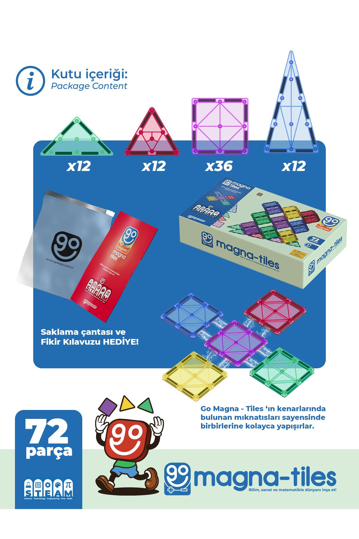 Magna Tiles 72 Parça Manyetik Yapı Blokları Original - Mıknatıslı Eğitici Oyuncak