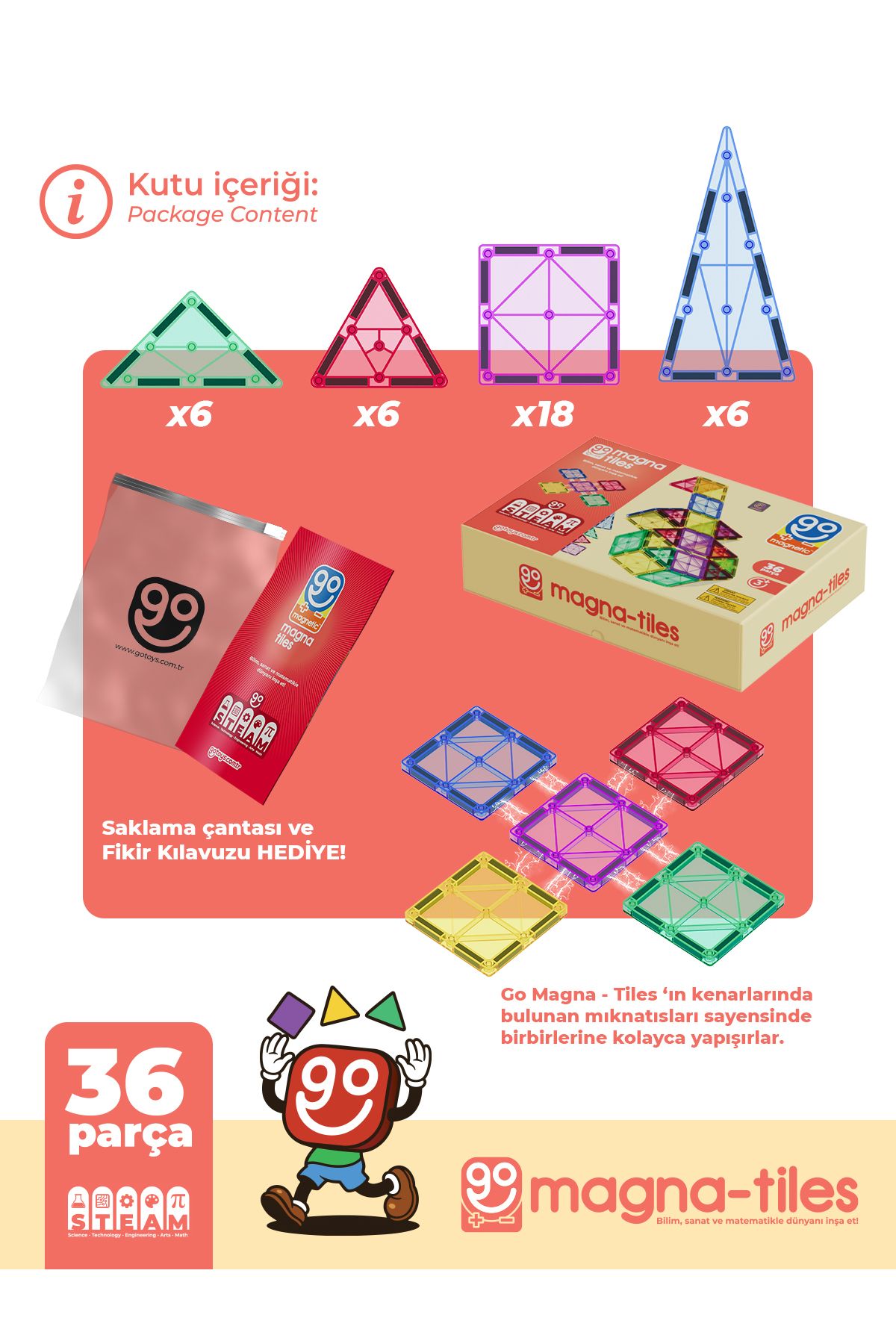 Magna Tiles 36 Parça Manyetik Yapı Blokları Original - Mıknatıslı Eğitici Oyuncak
