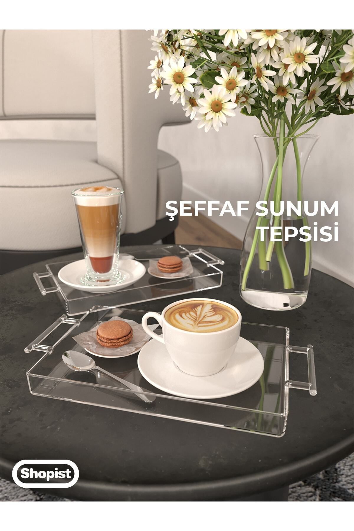 Pleksiglas Seffaf Dekoratif Sunum Tepsisi Şeffaf Tepsi 14*22cm 1 Adet Tutacakli