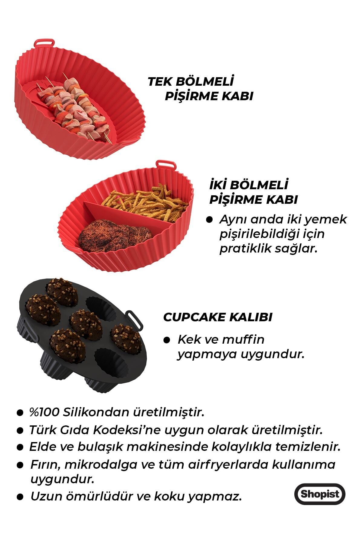 Airfryer Ustası 3'lü Pişirme Seti Silikon Kırmızı Renk Pişirme Kağıdı Airfryer Aksesuar Bpa Free