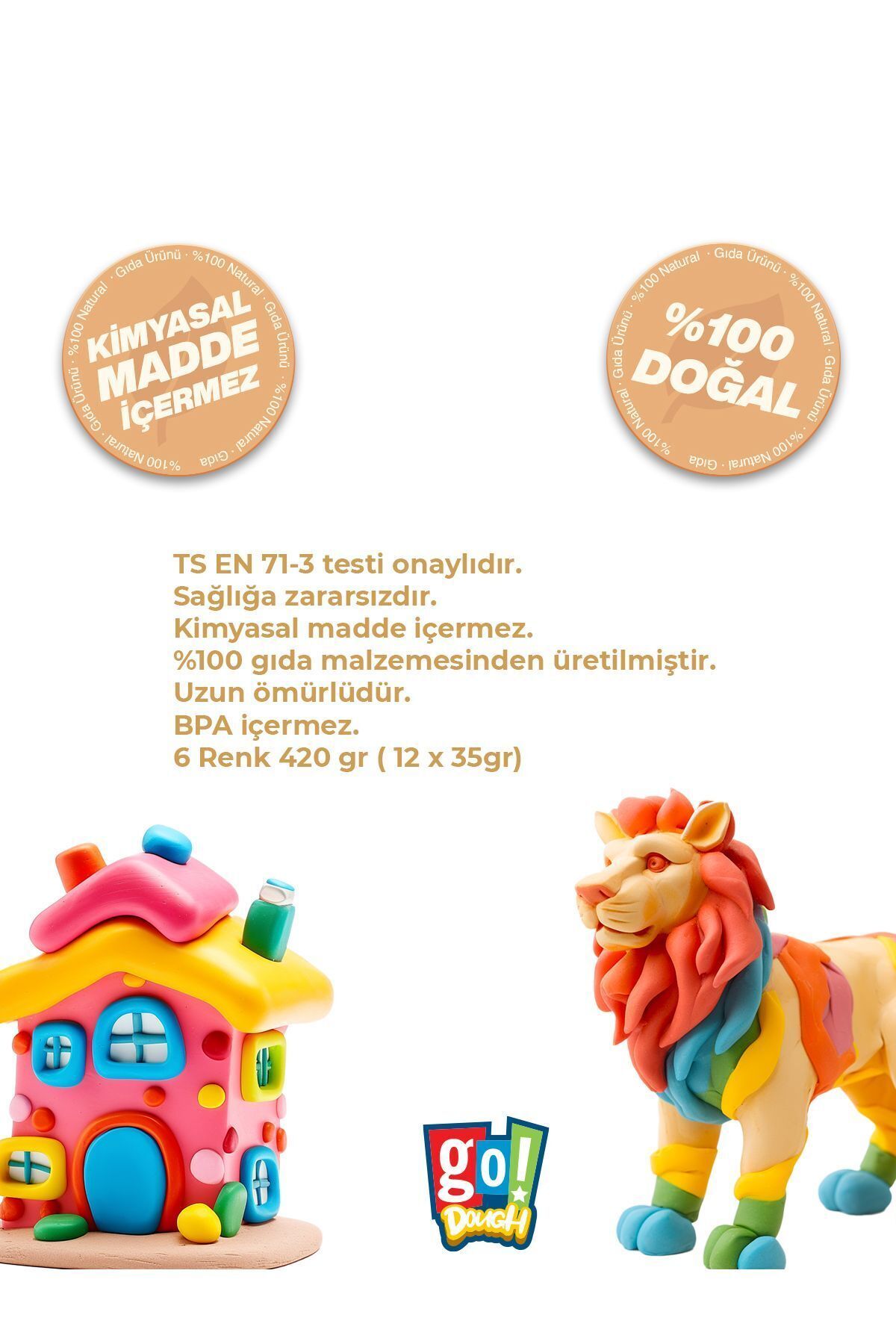 Go Dough Doğal Oyun hamuru 420gram (12Adet x 35gr) 6 Renk Uzun Ömürlü Saklama Kaplı