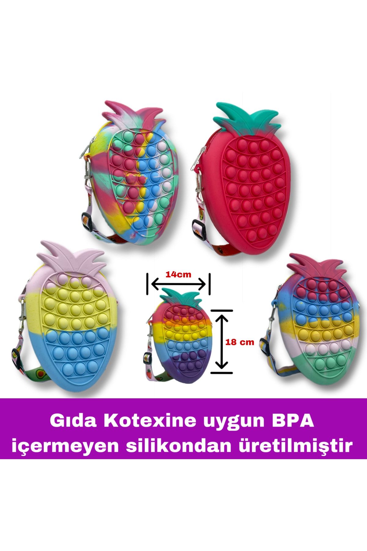 Popit Çilek Çanta 18*14 Cm Pop It Push Buble Çocuk Çantası Eğitici Oyuncak