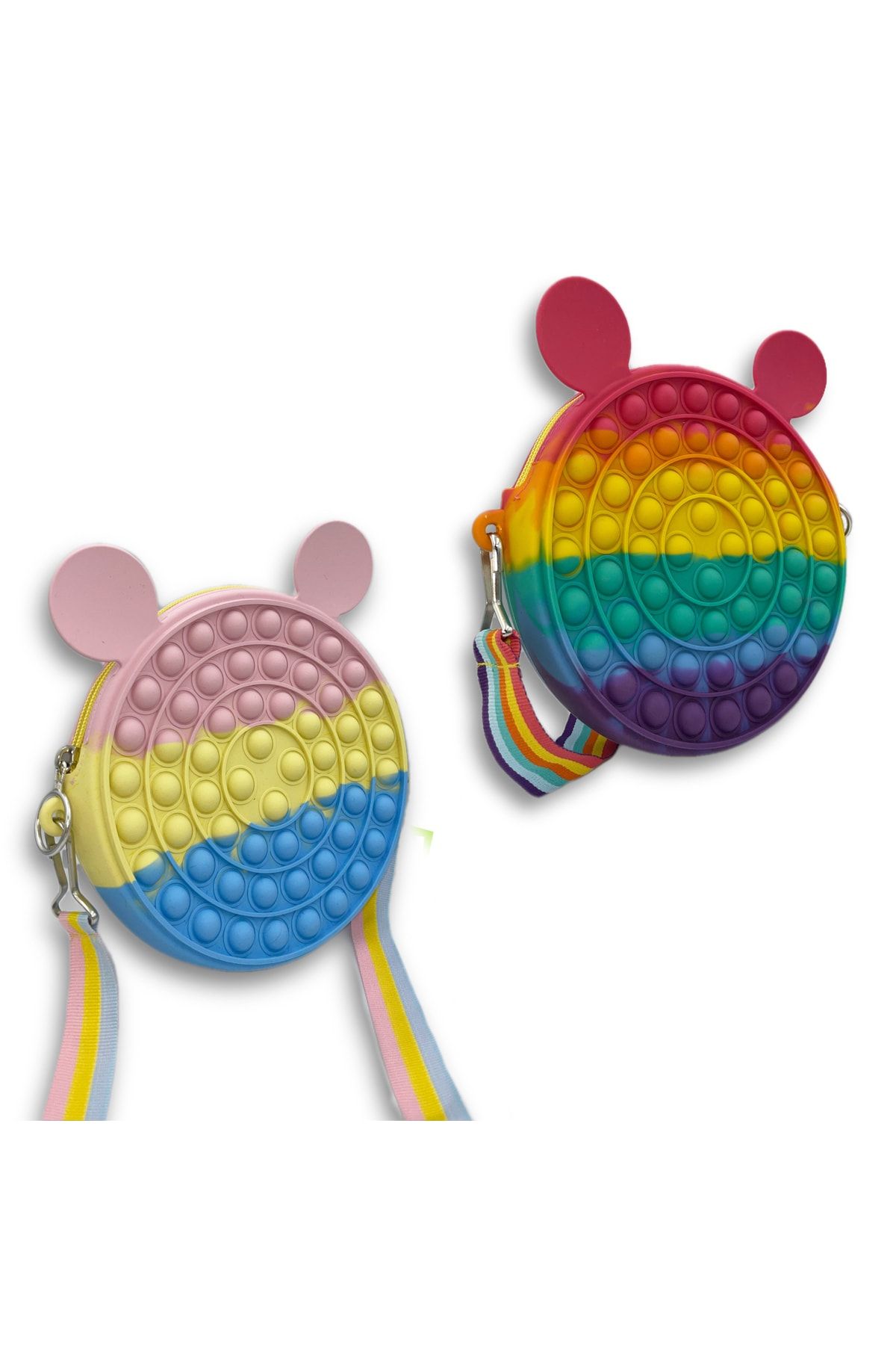 Yuvarlak Çanta Rainbow & Pastel Renk 2'li Set Pop It Push Bubble Eğitici Oyuncak Poptube