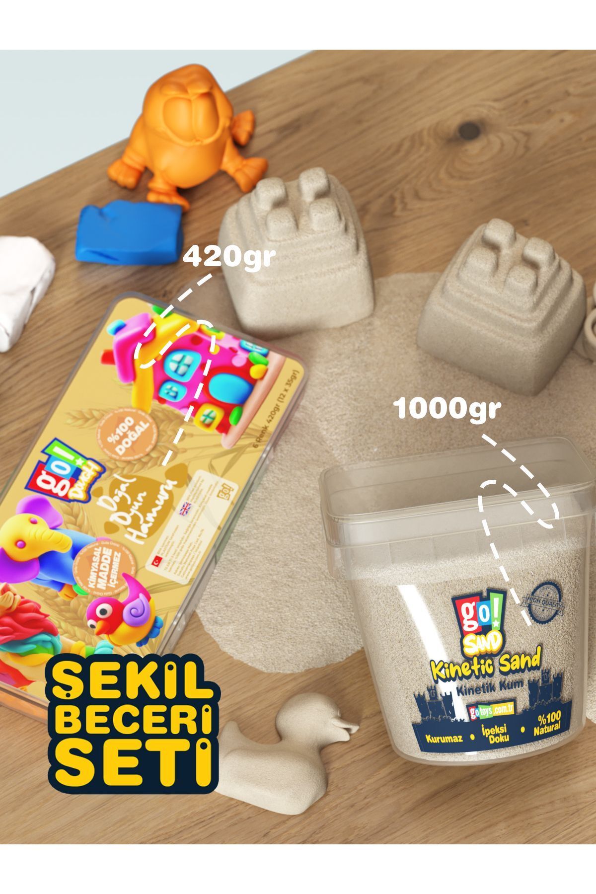 Şekil Beceri Seti - 1000Gr Kinetik Kum + 420 Gram Doğal Oyun Hamuru