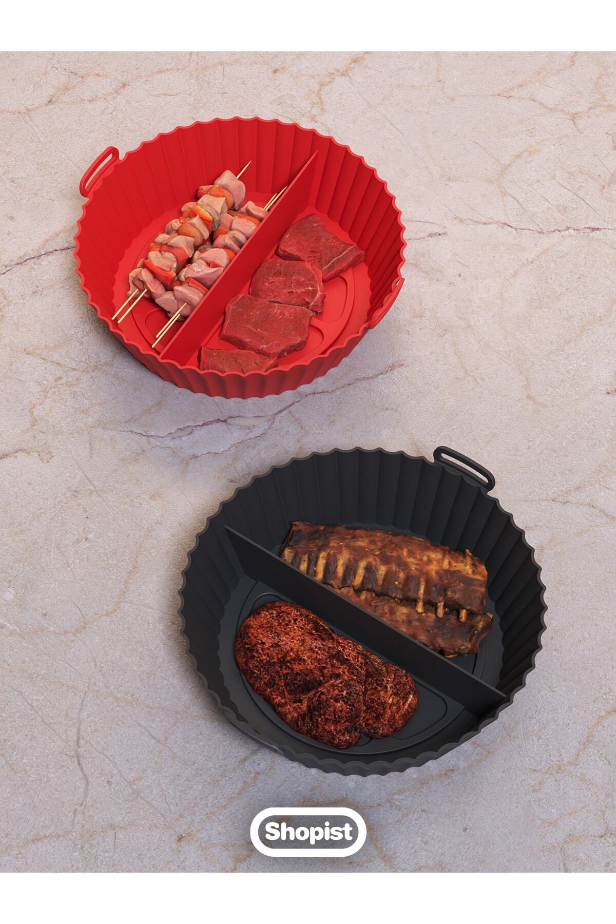 Airfryer 2 Bölmeli Pişirme Kabı Kırmızı Renk - Airfryer Pişirme Kağıdı Silikon Aksesuar - Bpa Free