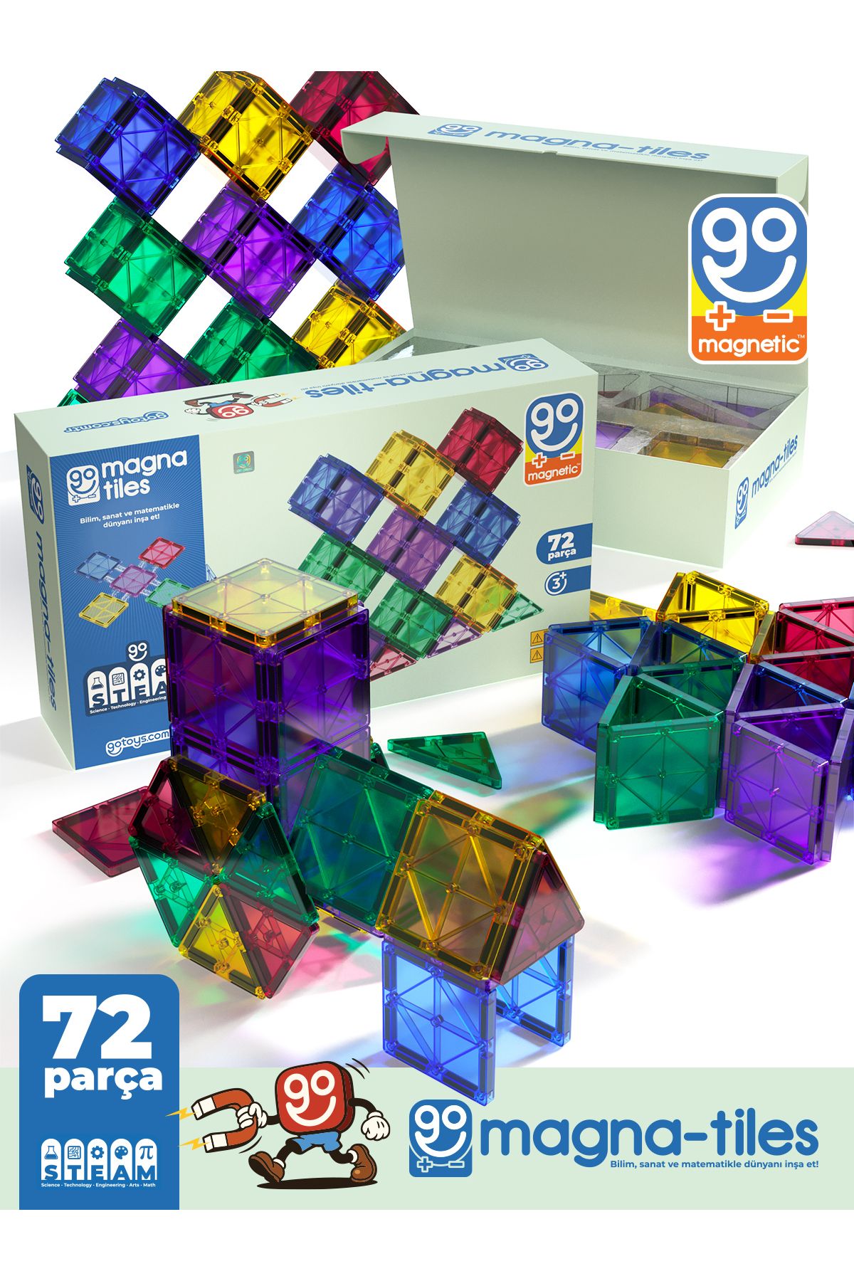 Magna Tiles 72 Parça Manyetik Yapı Blokları Original - Mıknatıslı Eğitici Oyuncak