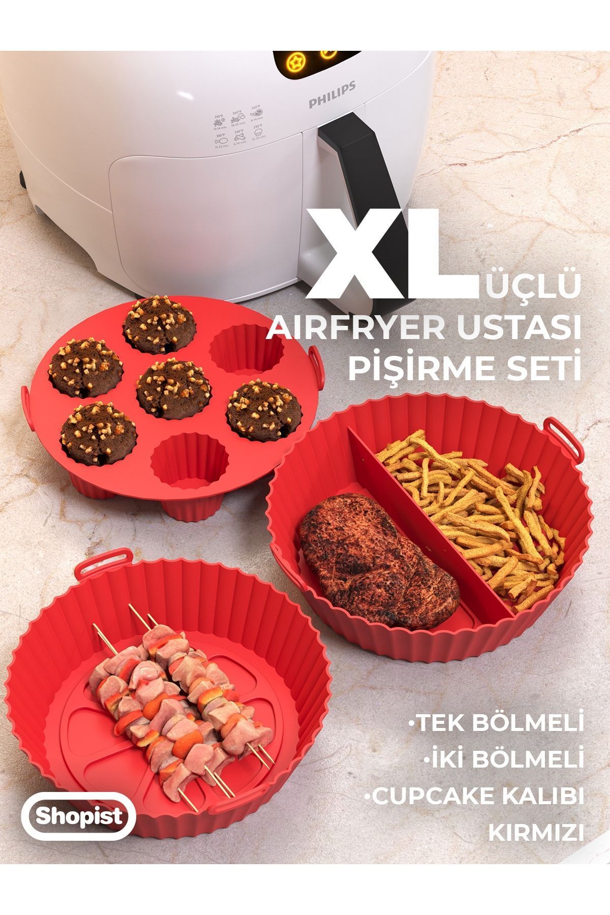 Xl-xxl Airfryer Ustası 3'lü Pişirme Seti Silikon Kırmızı Airfryer Pişirme Kağıdı 6litre Ve Üzeri