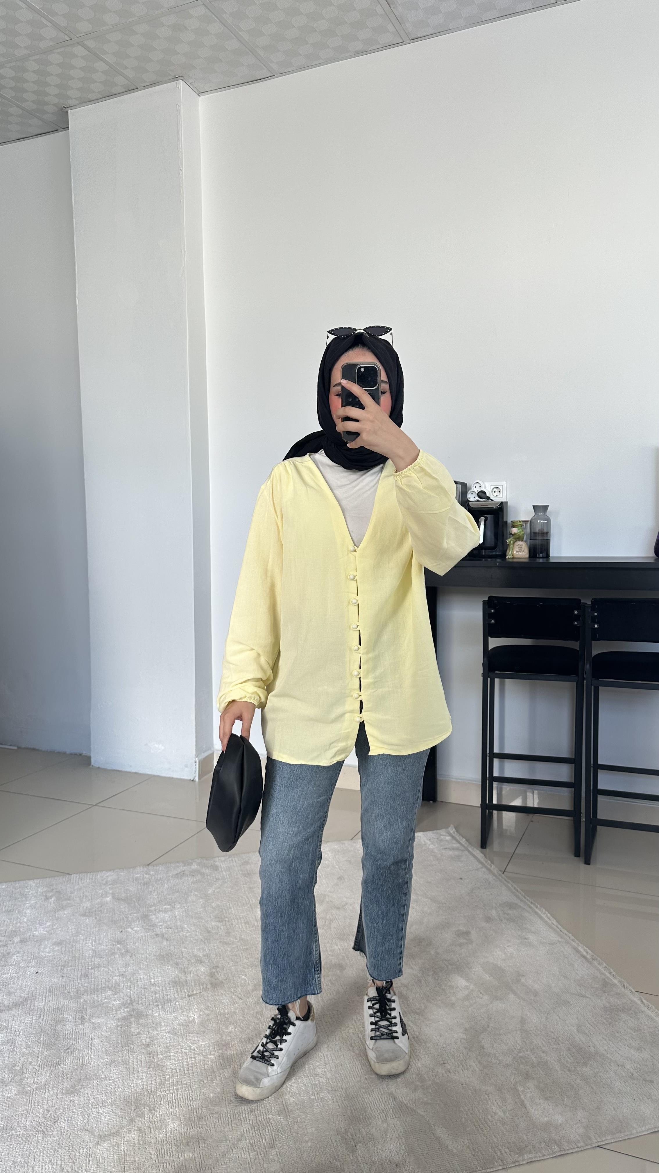 Düğme Detaylı Keten Tunik-Sarı