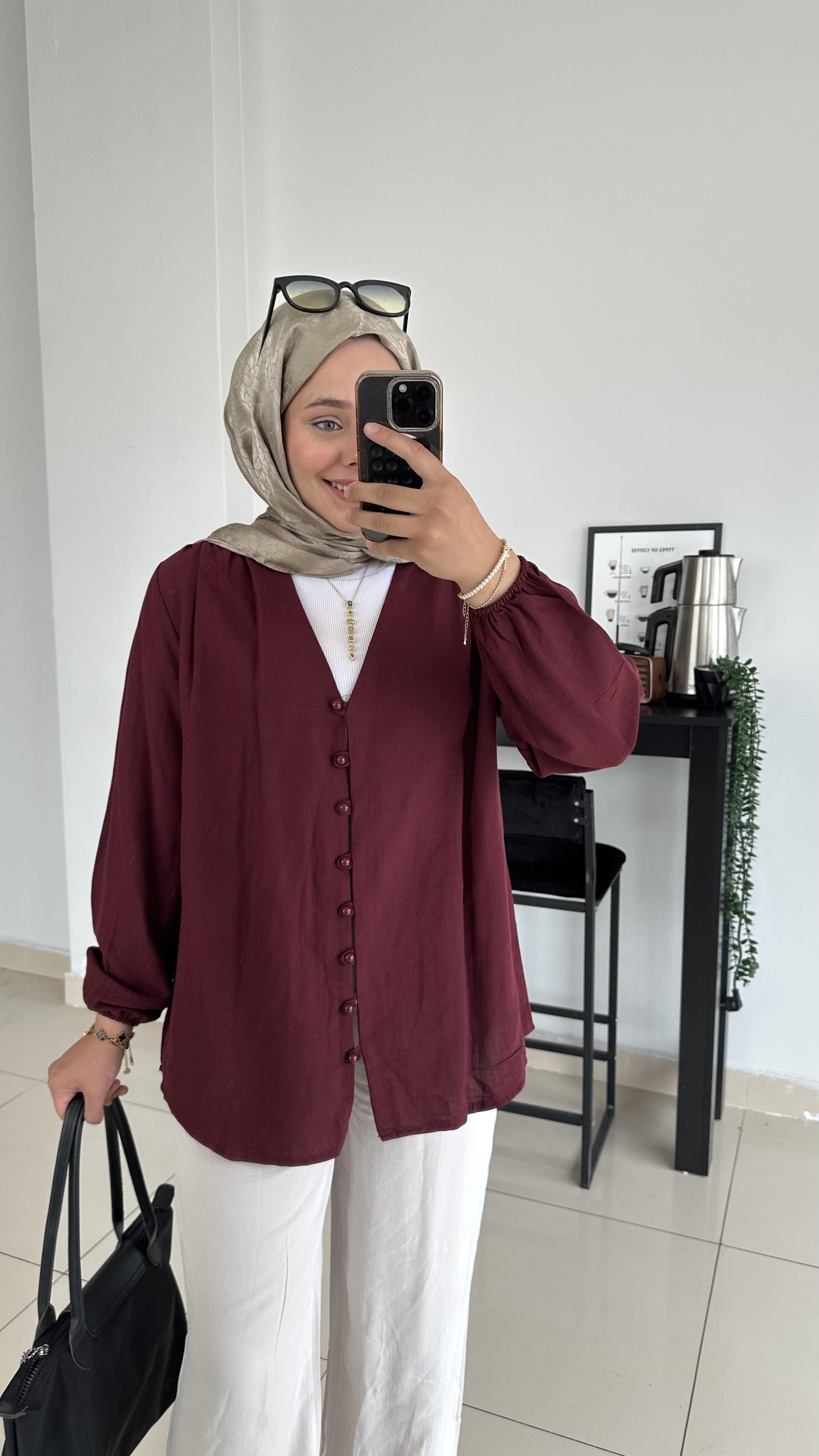 Düğme Detaylı Keten Tunik-Bordo