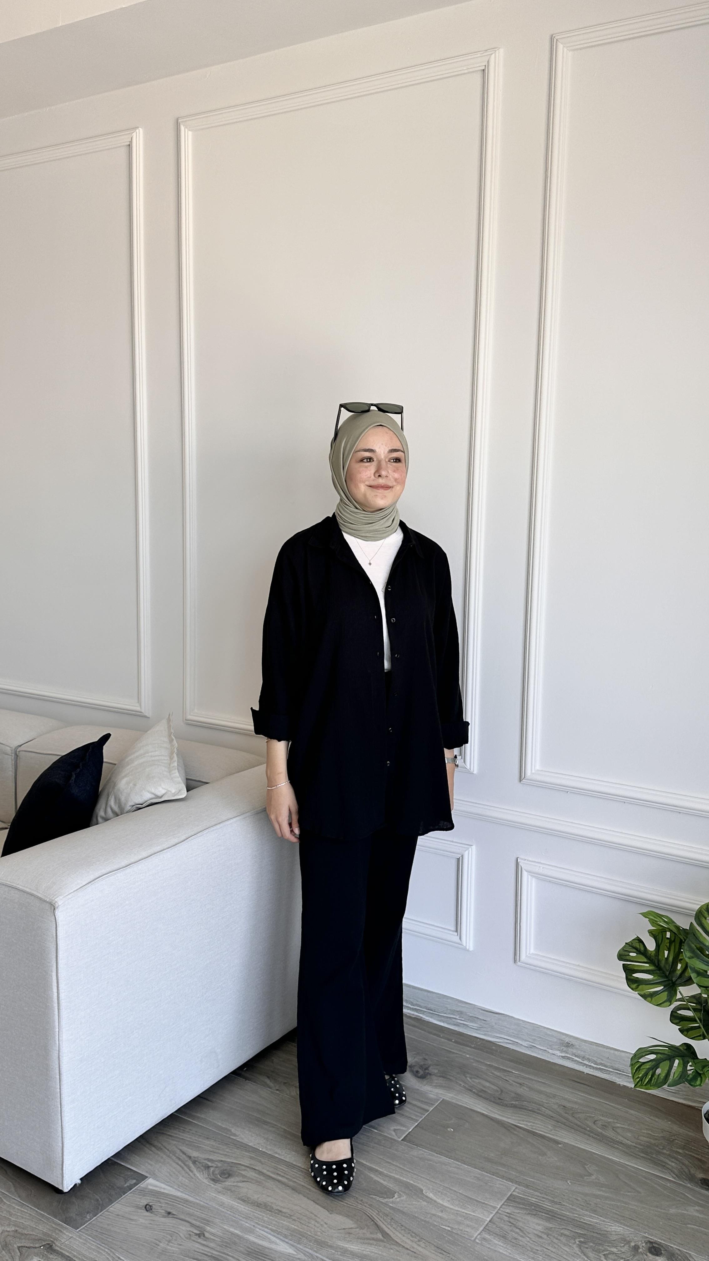 Keten Pantolon Takım-Siyah