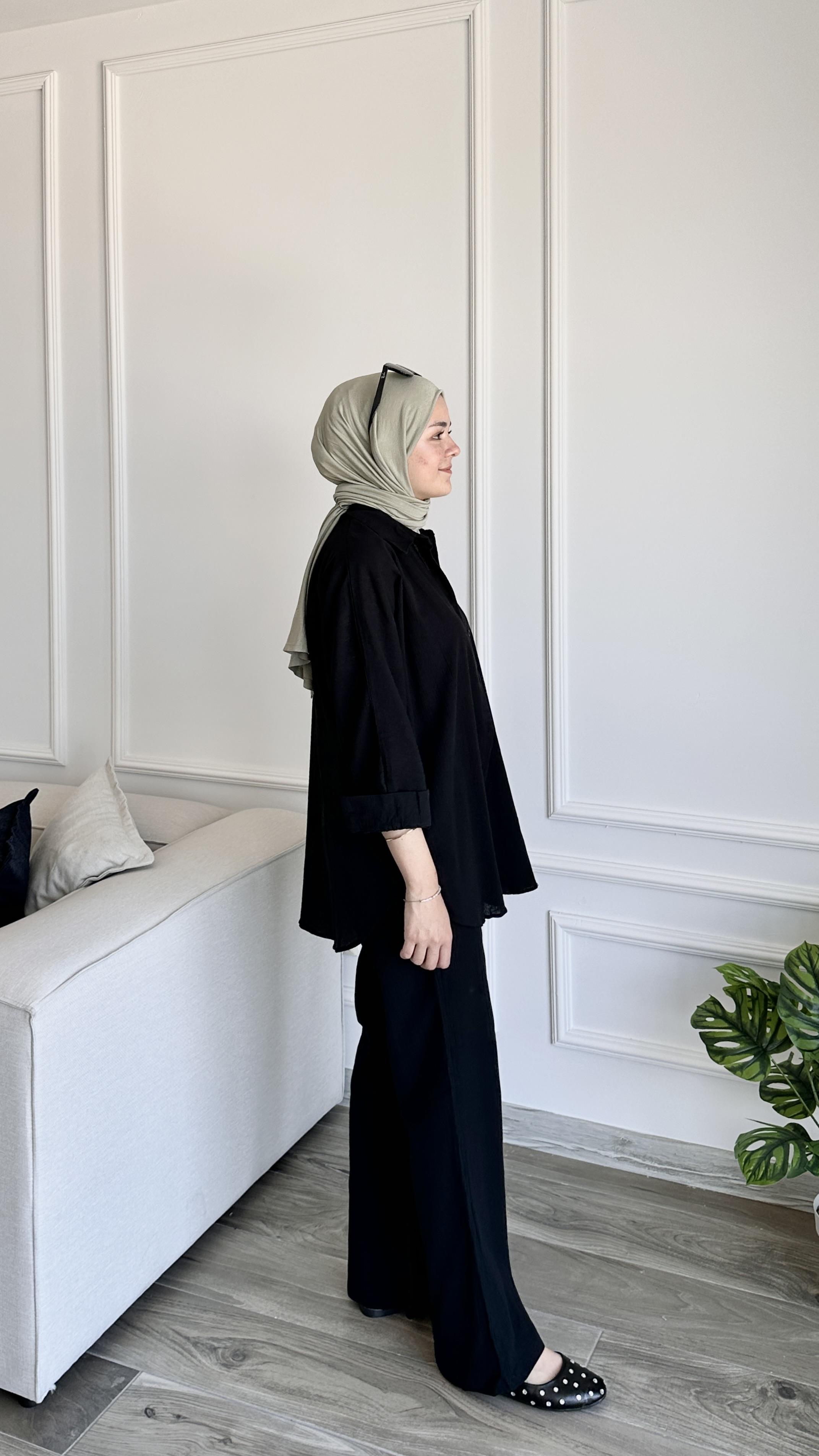 Keten Pantolon Takım-Siyah