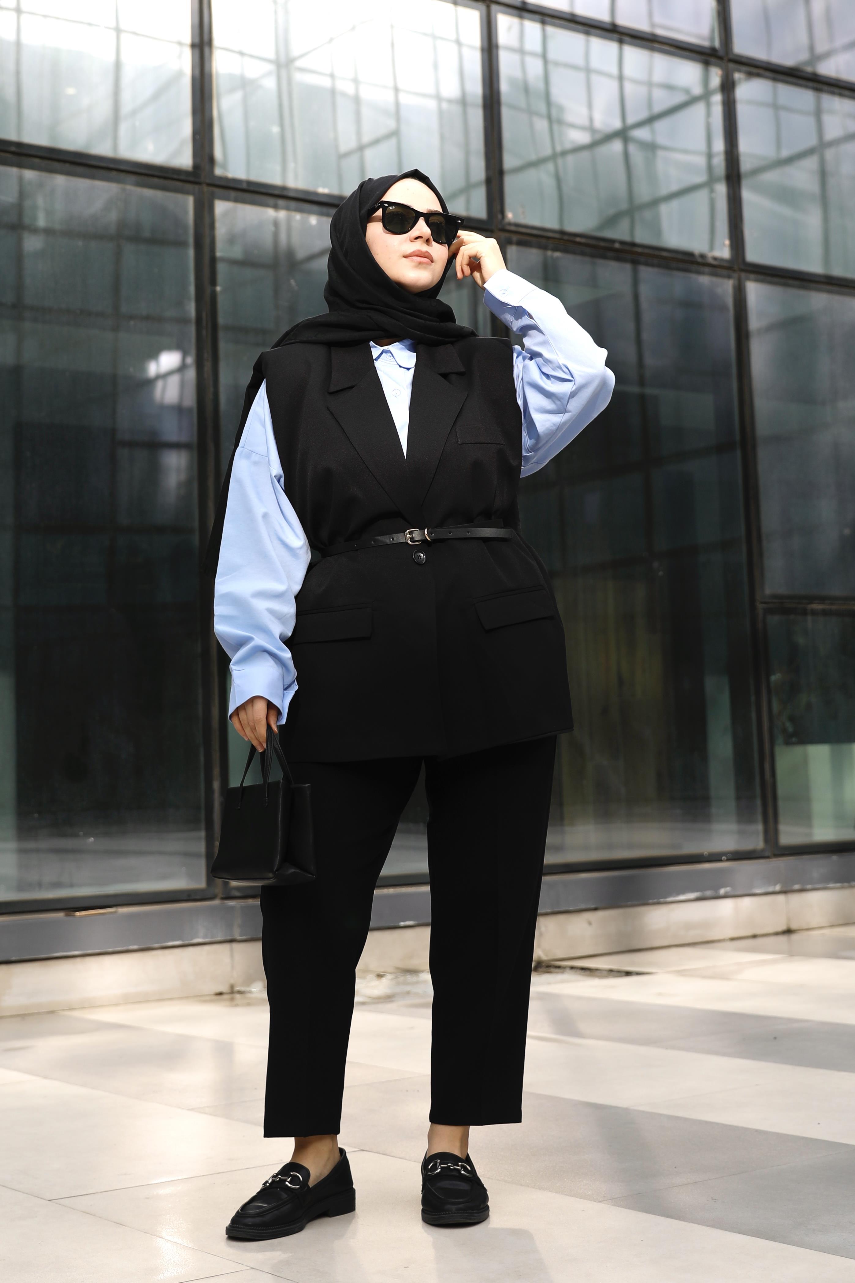 Blazer Yelek Kemerli-SİYAH