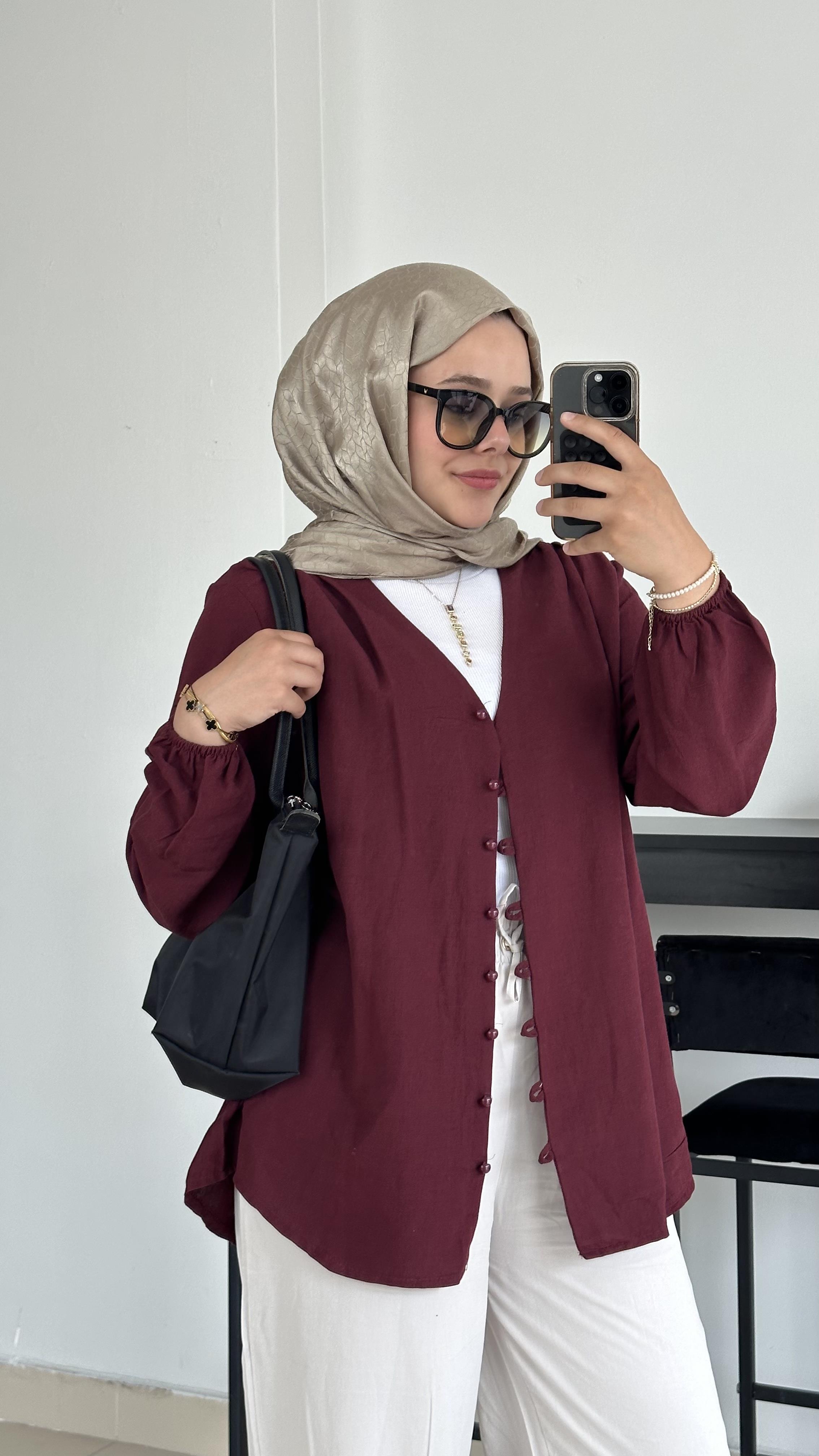 Düğme Detaylı Keten Tunik-Bordo