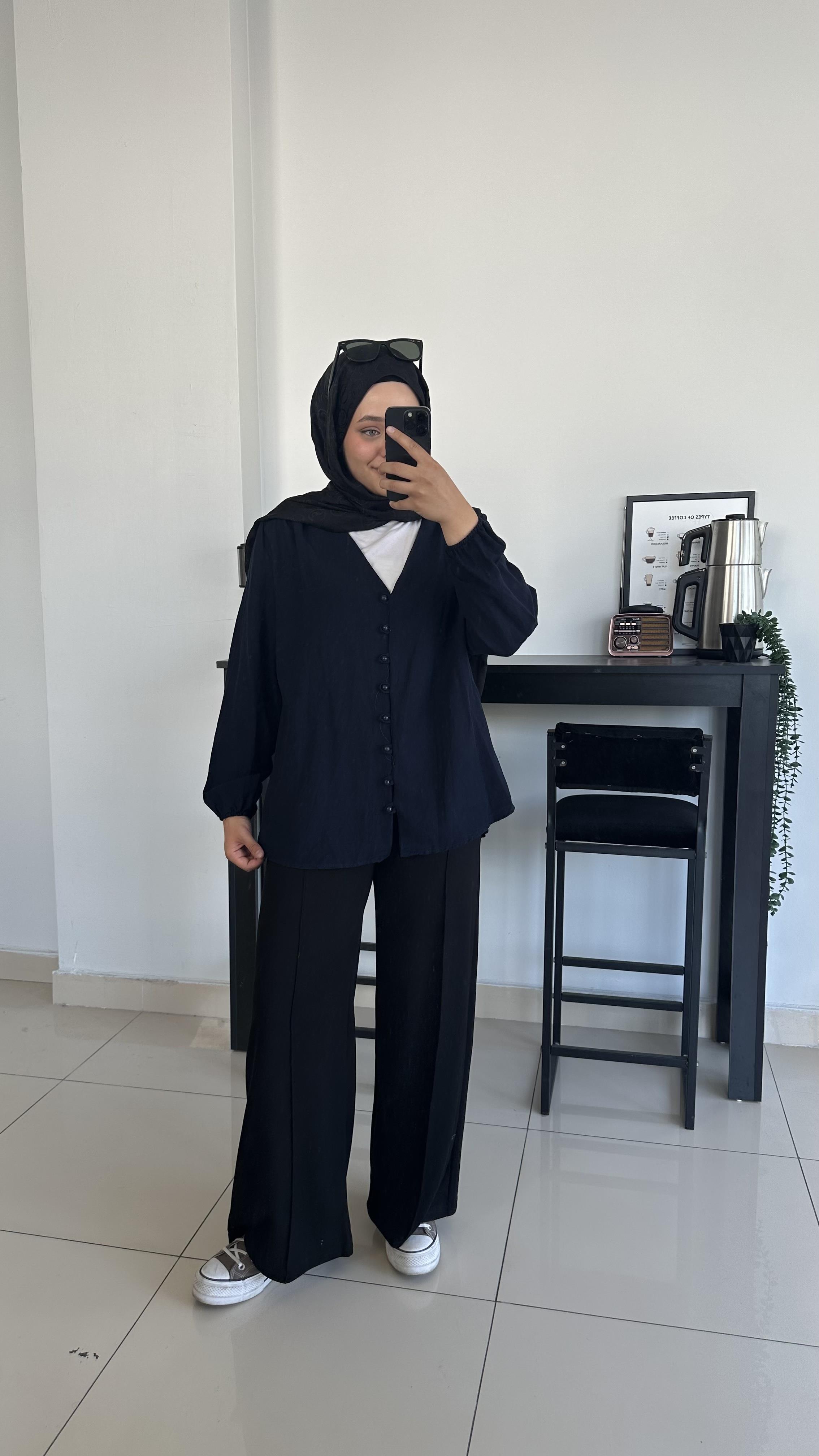 Düğme Detaylı Keten Tunik-Lacivert
