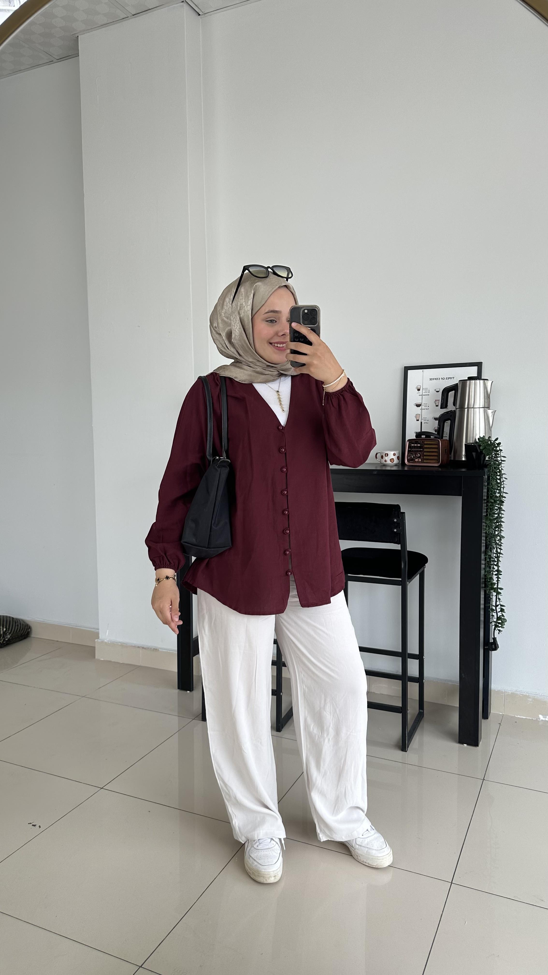 Düğme Detaylı Keten Tunik-Bordo