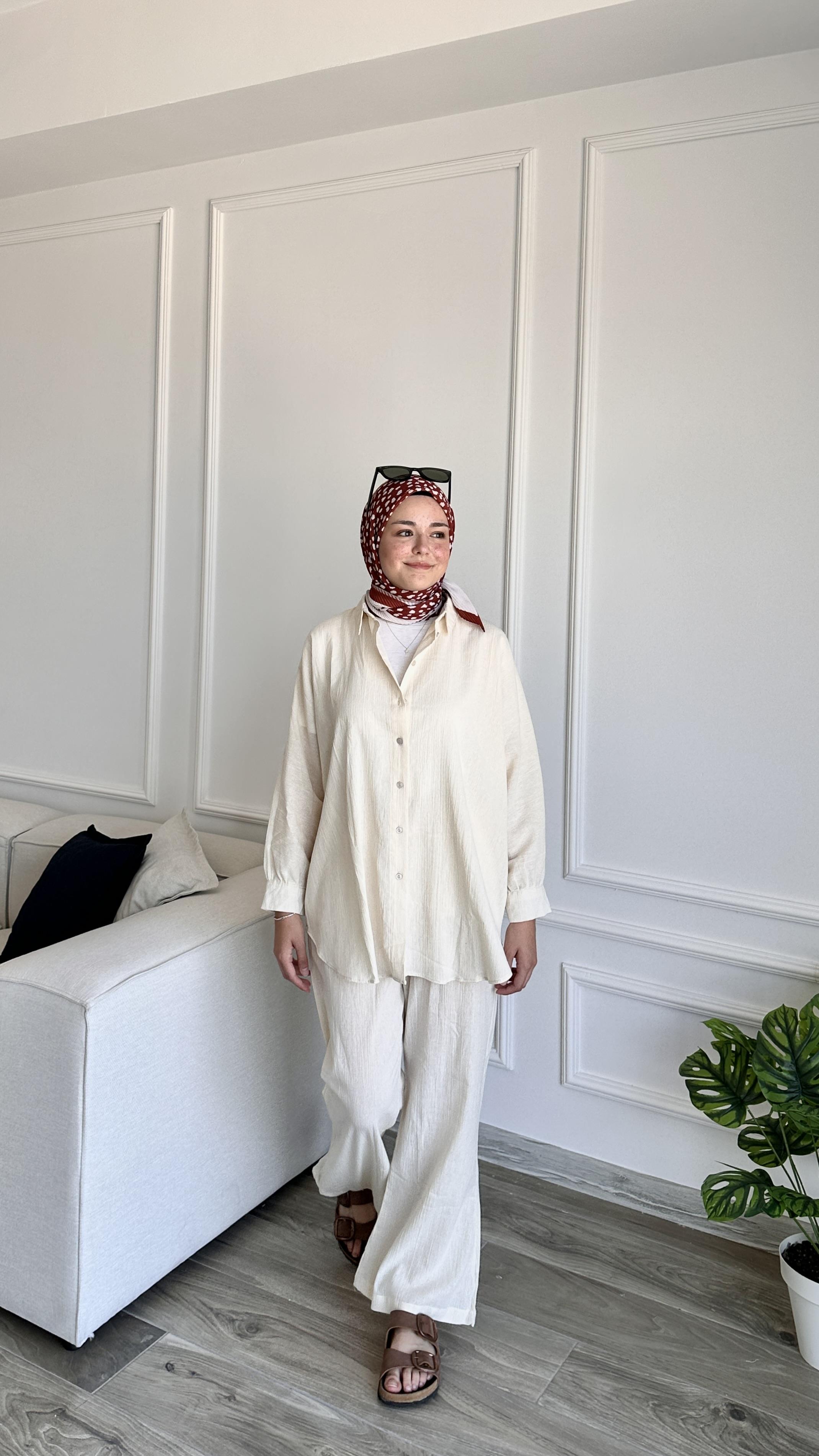Keten Pantolon Takım-Krem