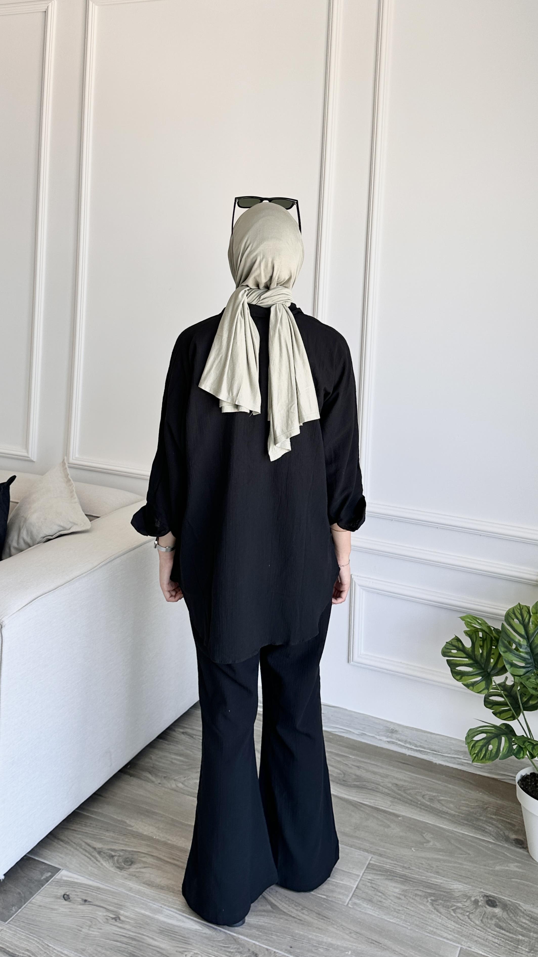 Keten Pantolon Takım-Siyah