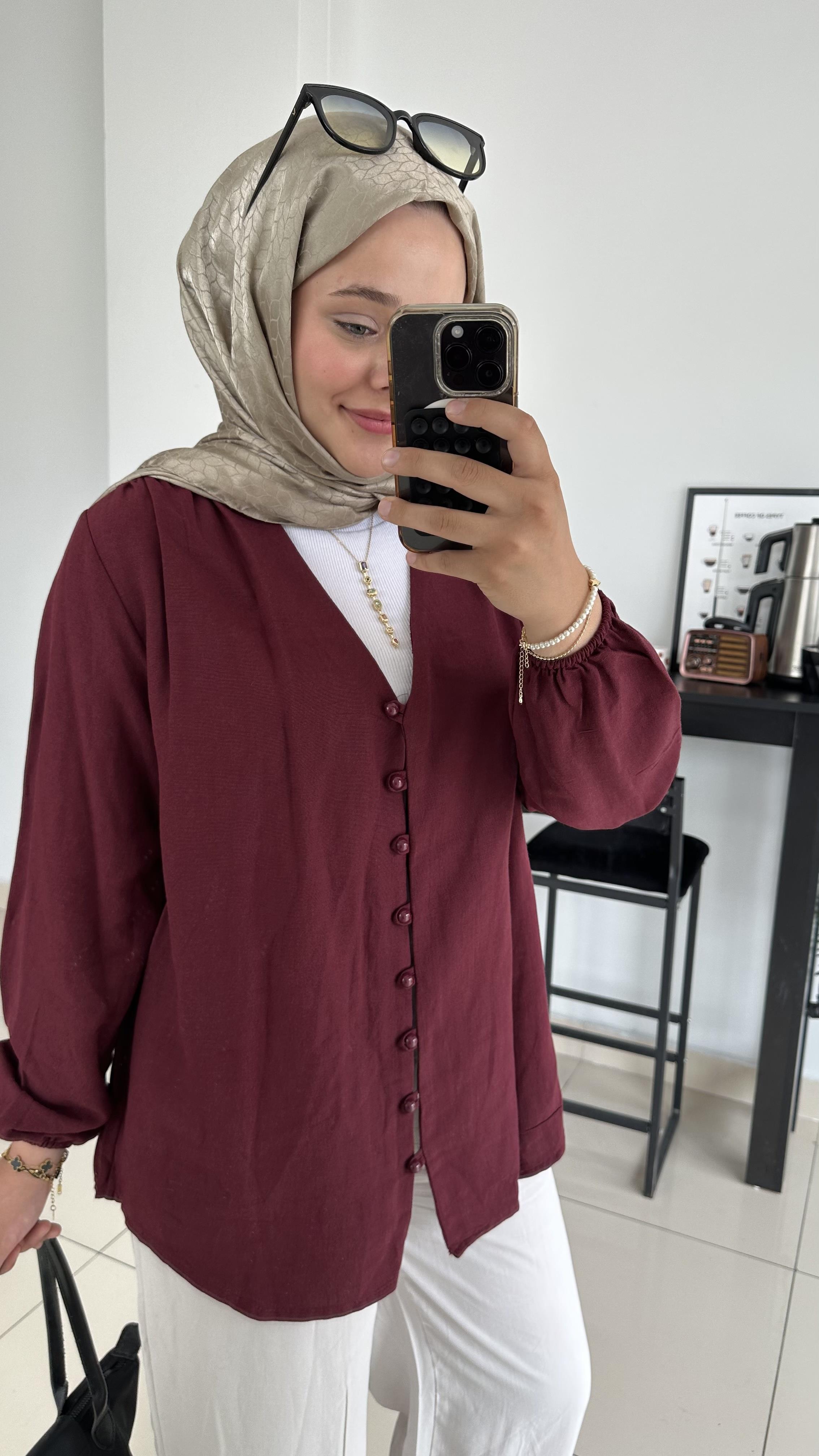 Düğme Detaylı Keten Tunik-Bordo