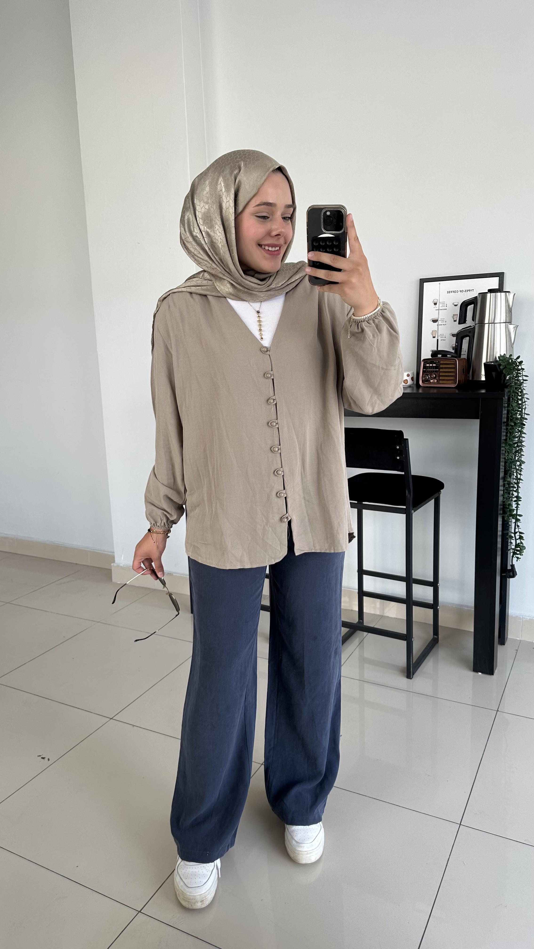 Düğme Detaylı Keten Tunik-Sütlü Kahve