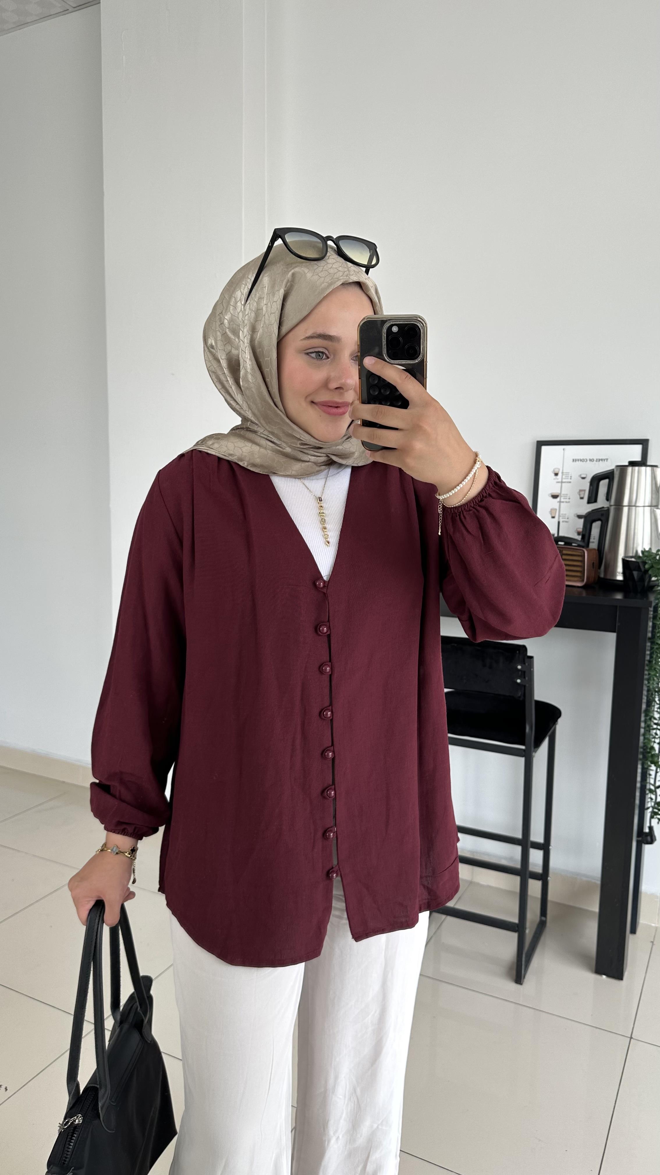 Düğme Detaylı Keten Tunik-Bordo