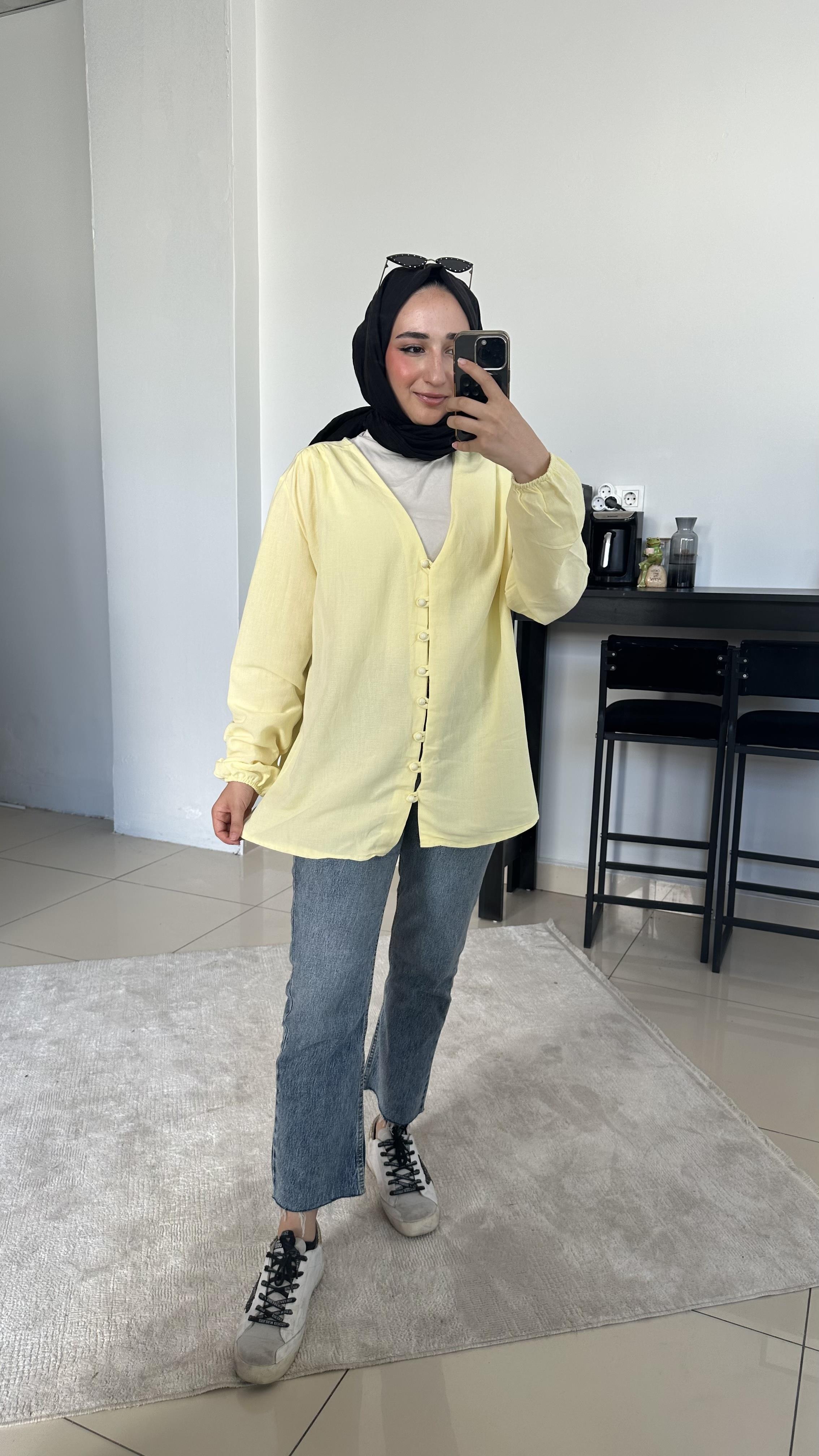 Düğme Detaylı Keten Tunik-Sarı