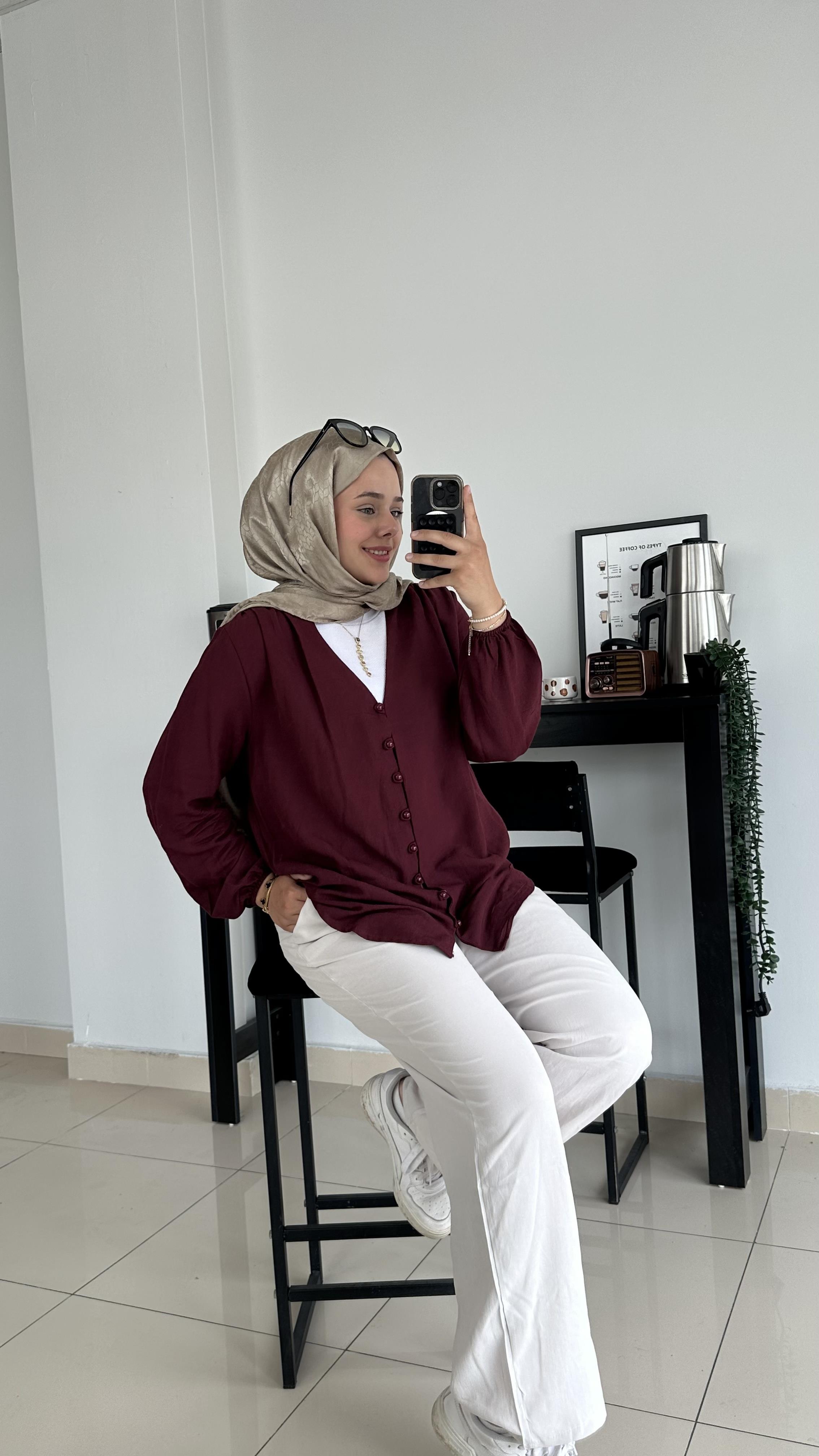 Düğme Detaylı Keten Tunik-Bordo