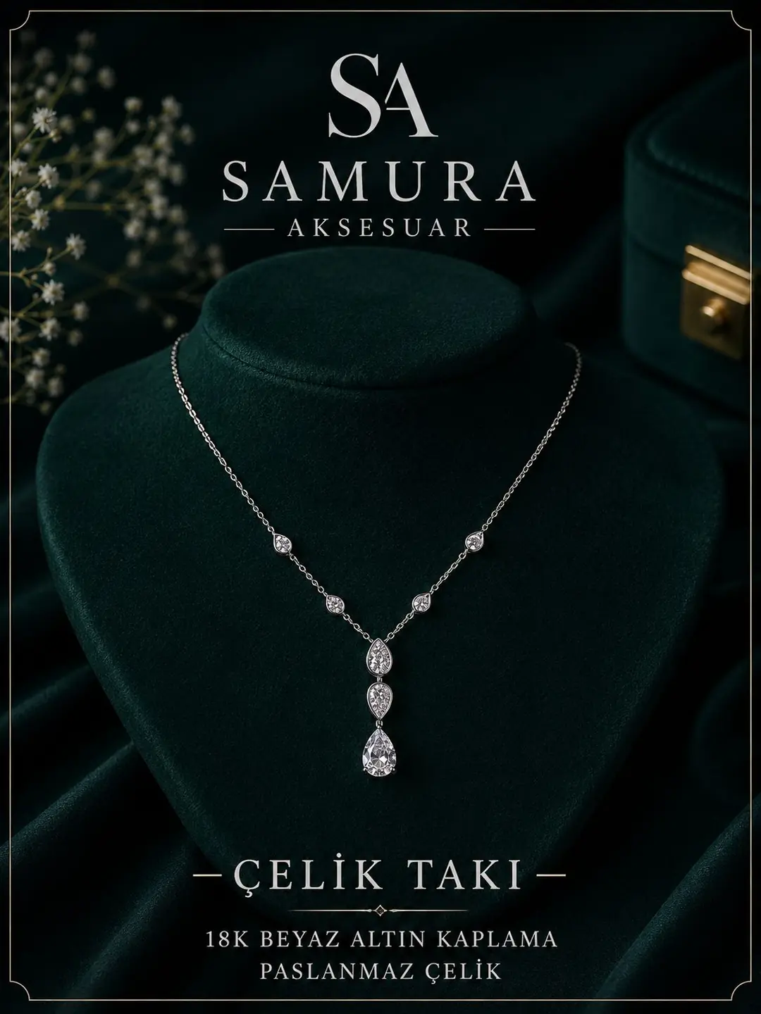 K0014 Taş Detaylı Damla Tasarım Kolye