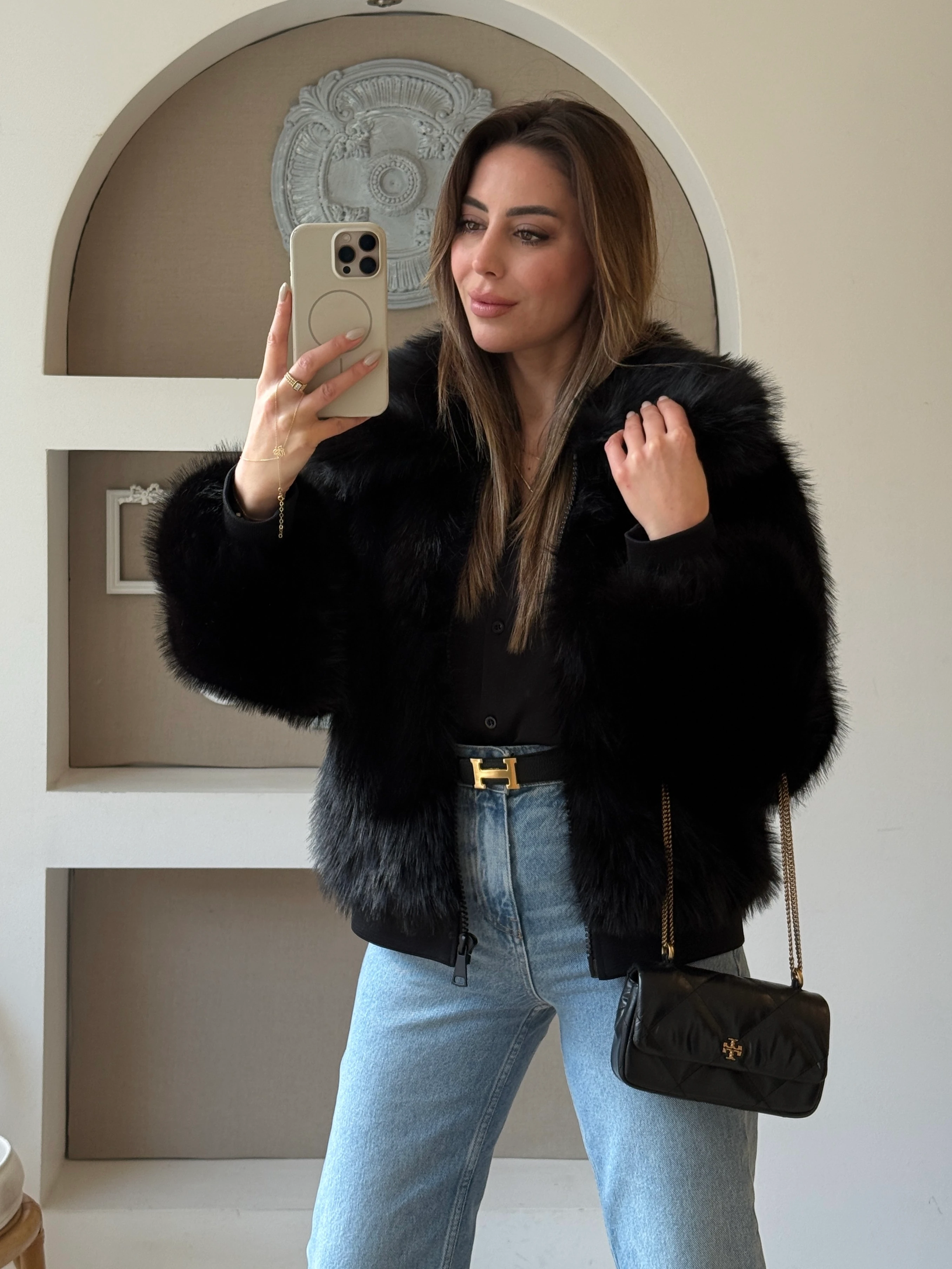 Premium Siyah Renk Fermuarlı Kürk Ceket