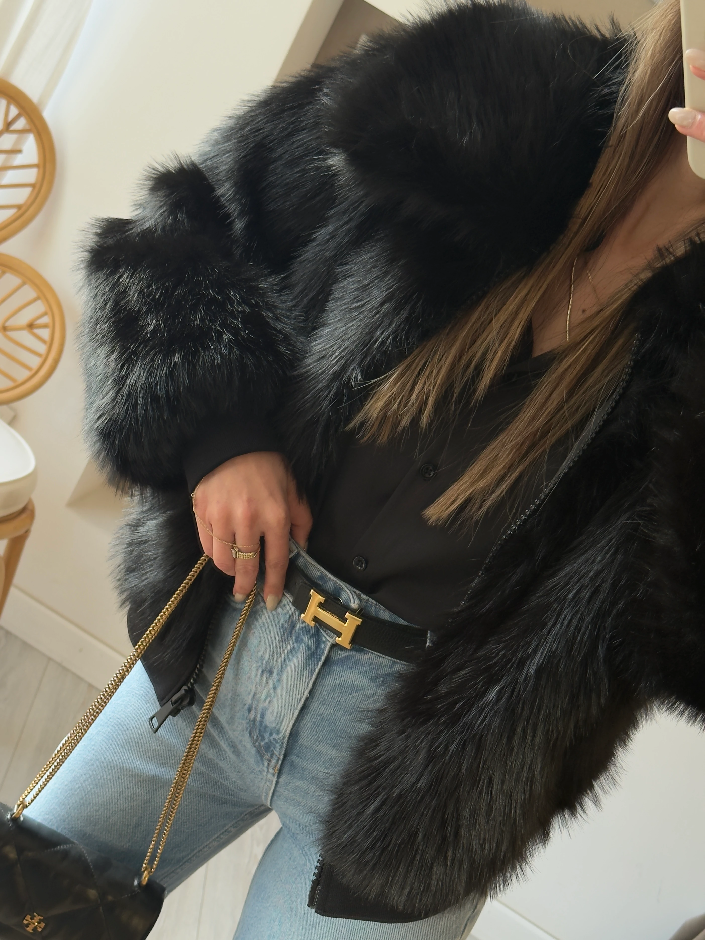 Premium Siyah Renk Fermuarlı Kürk Ceket