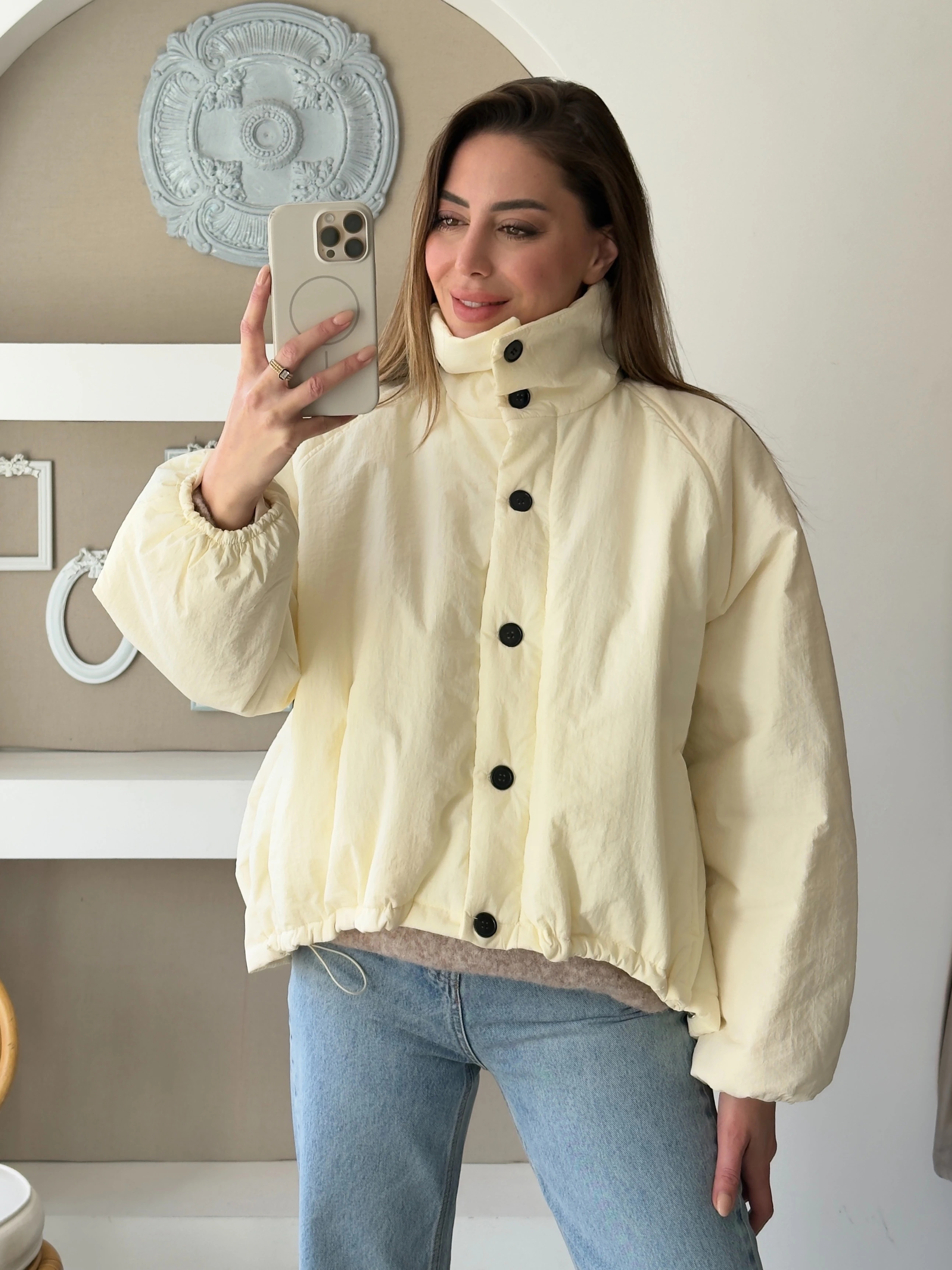 Dik Yaka Şişme Mont - Ekru