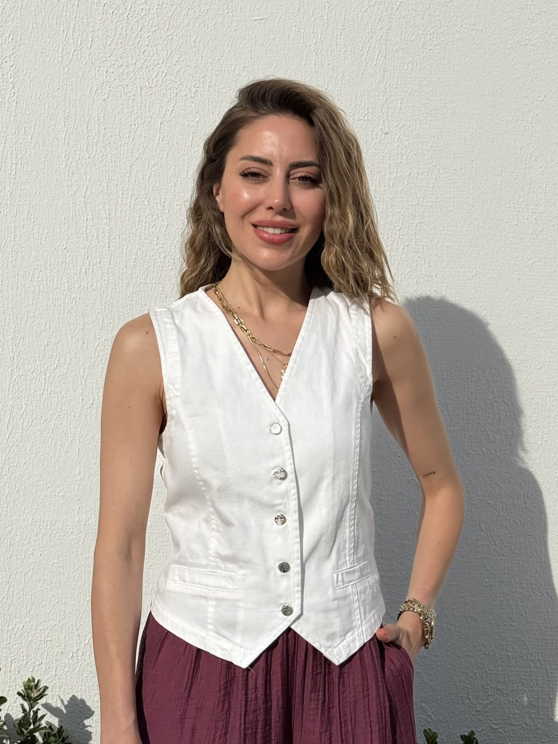 Beyaz Renk Denim Yelek