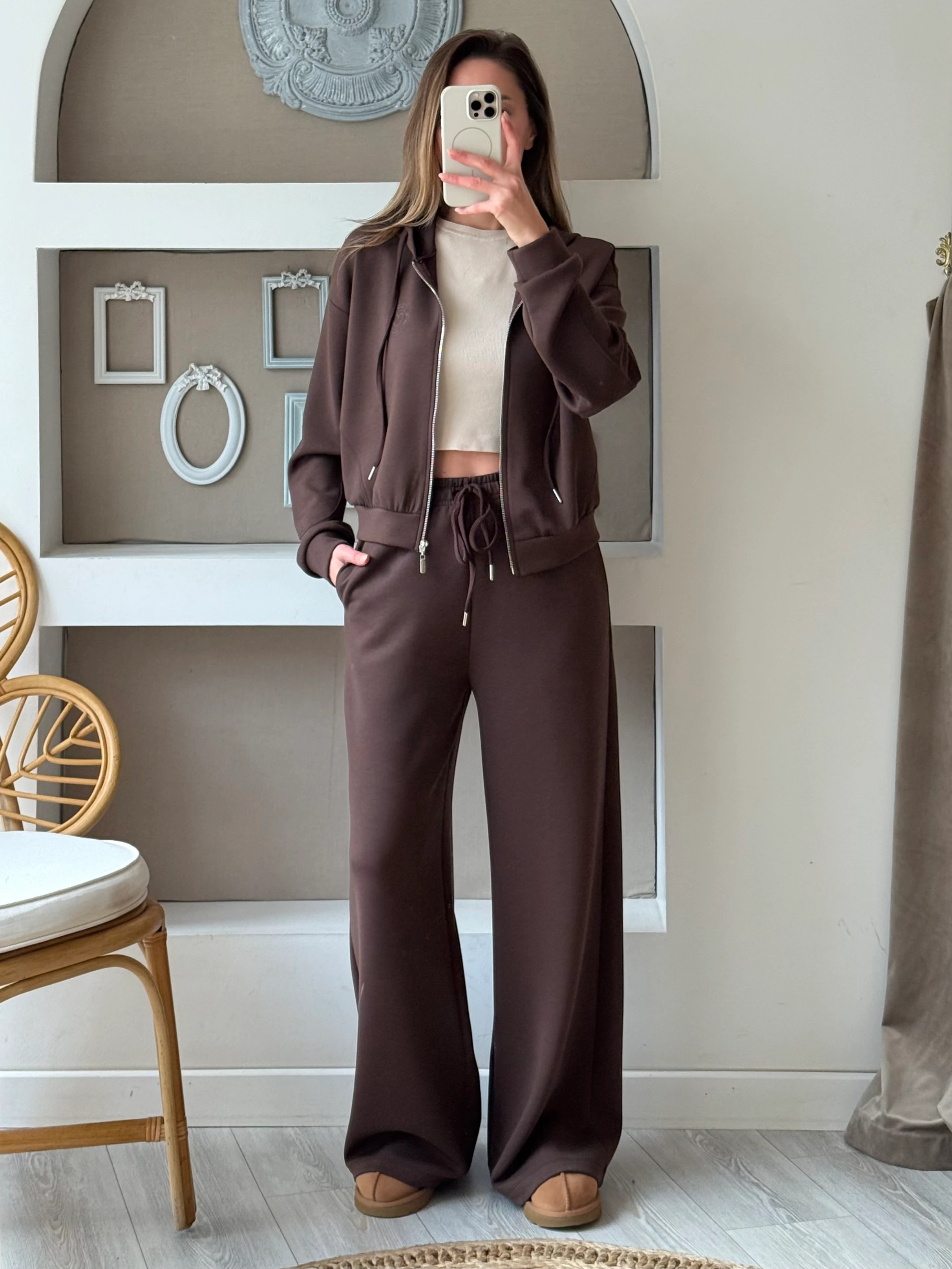 Kalp Baskı Detaylı Fermuarlı Takım - Kahverengi