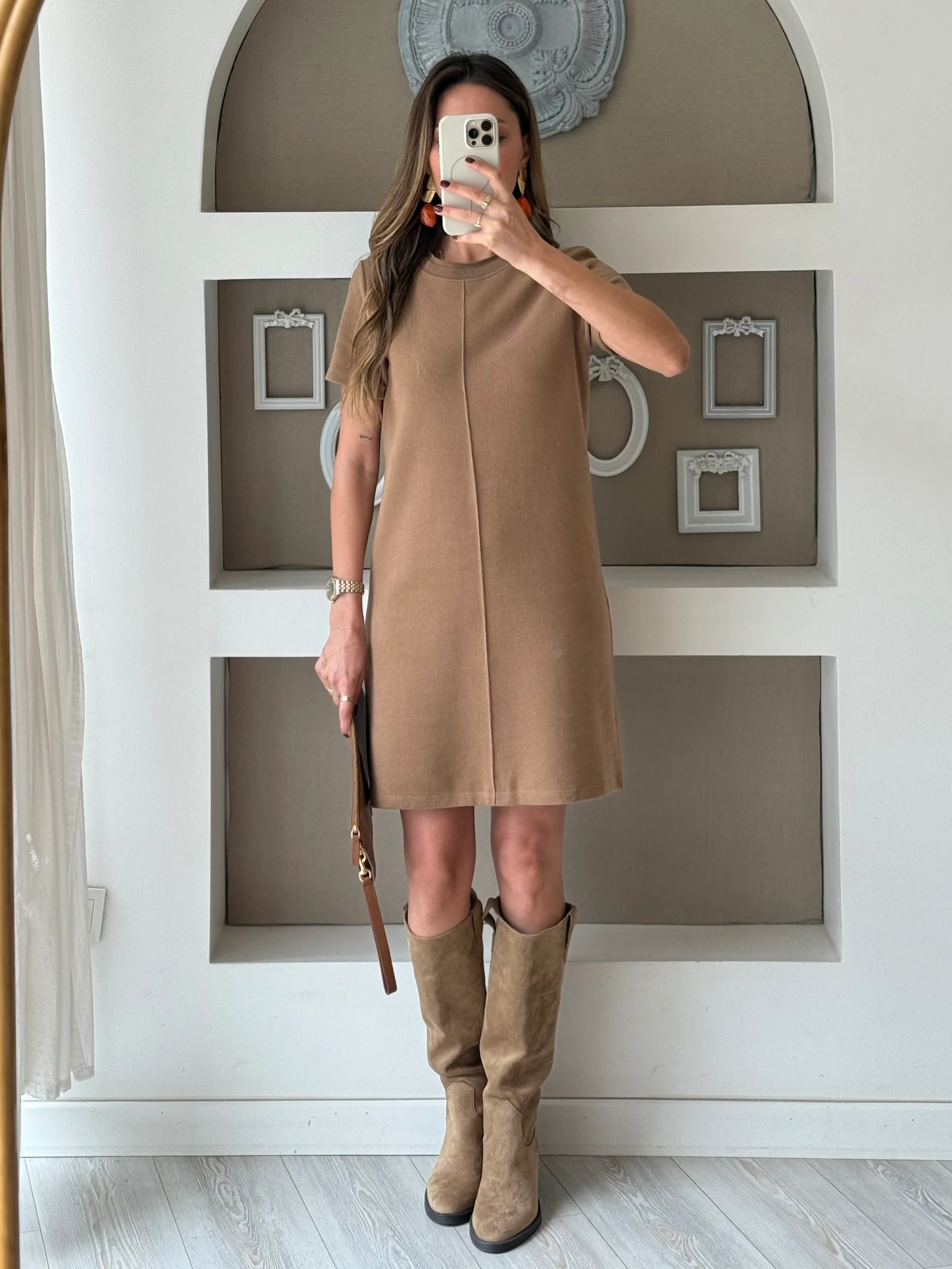 Örme Triko Kumaş Elbise - Camel