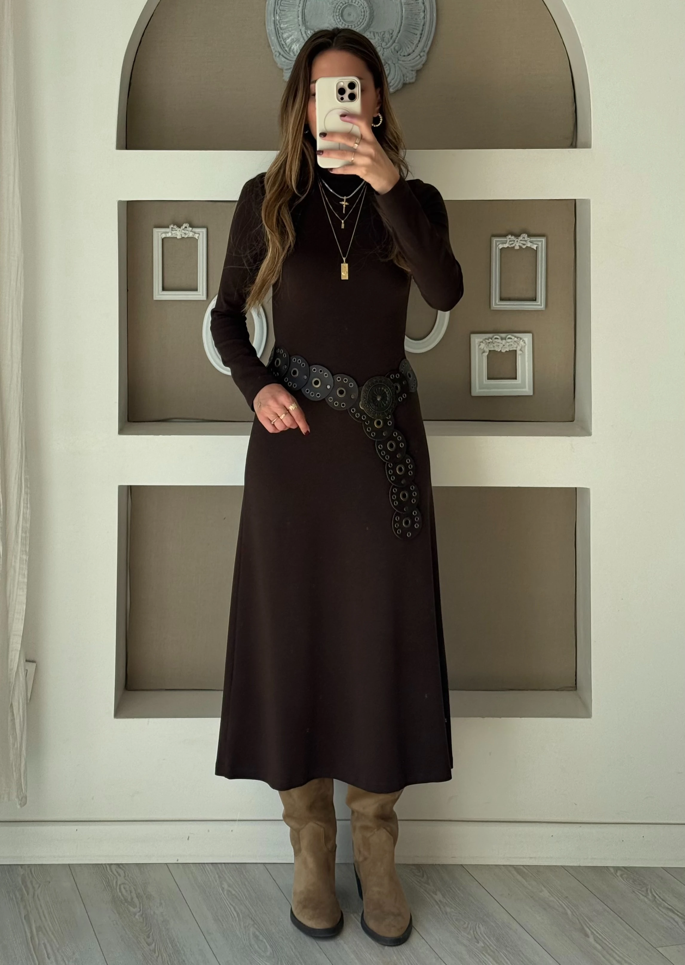 Dik Yaka Midi Boy Elbise - Kahverengi