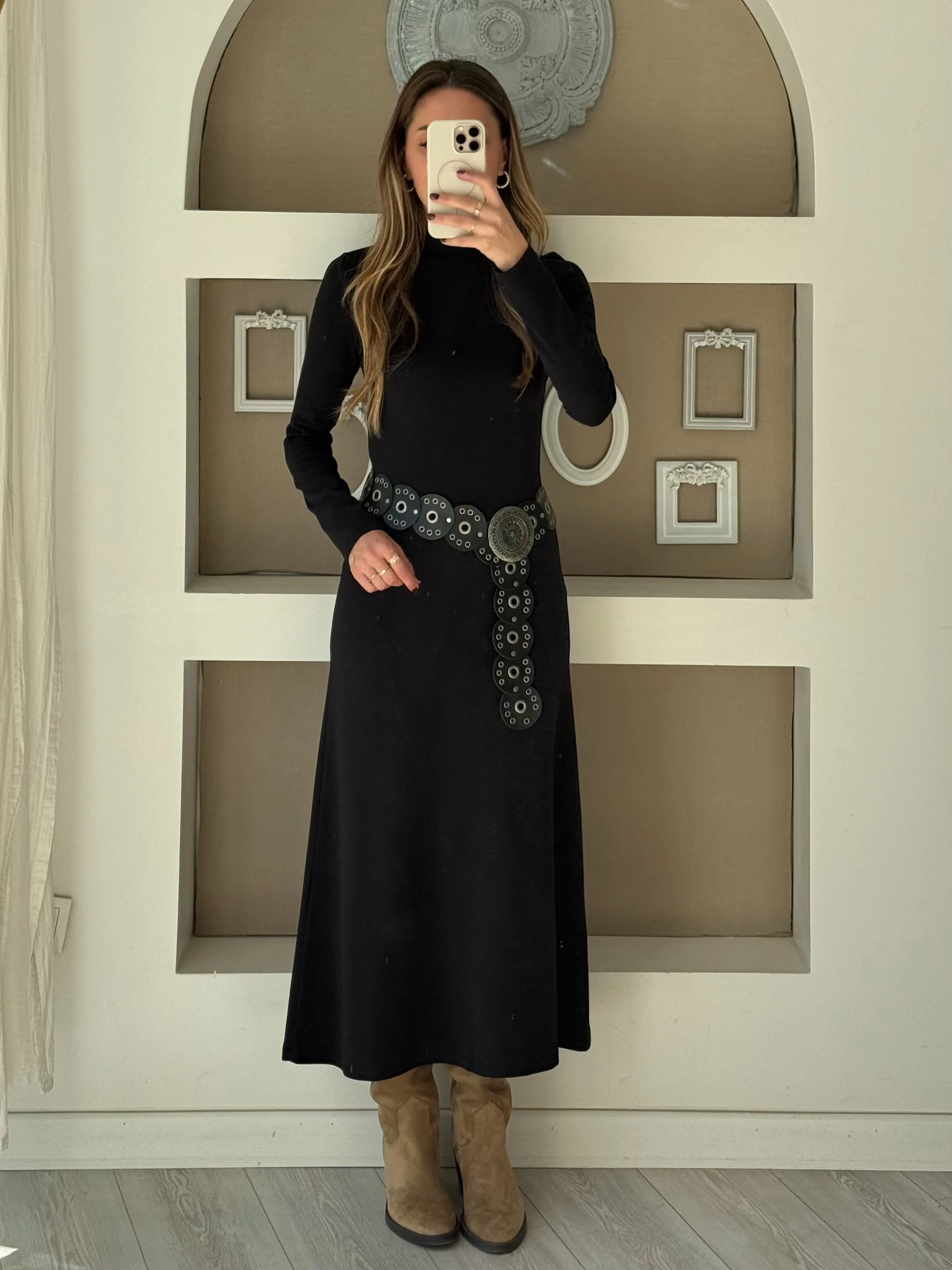 Dik Yaka Midi Boy Elbise - Siyah