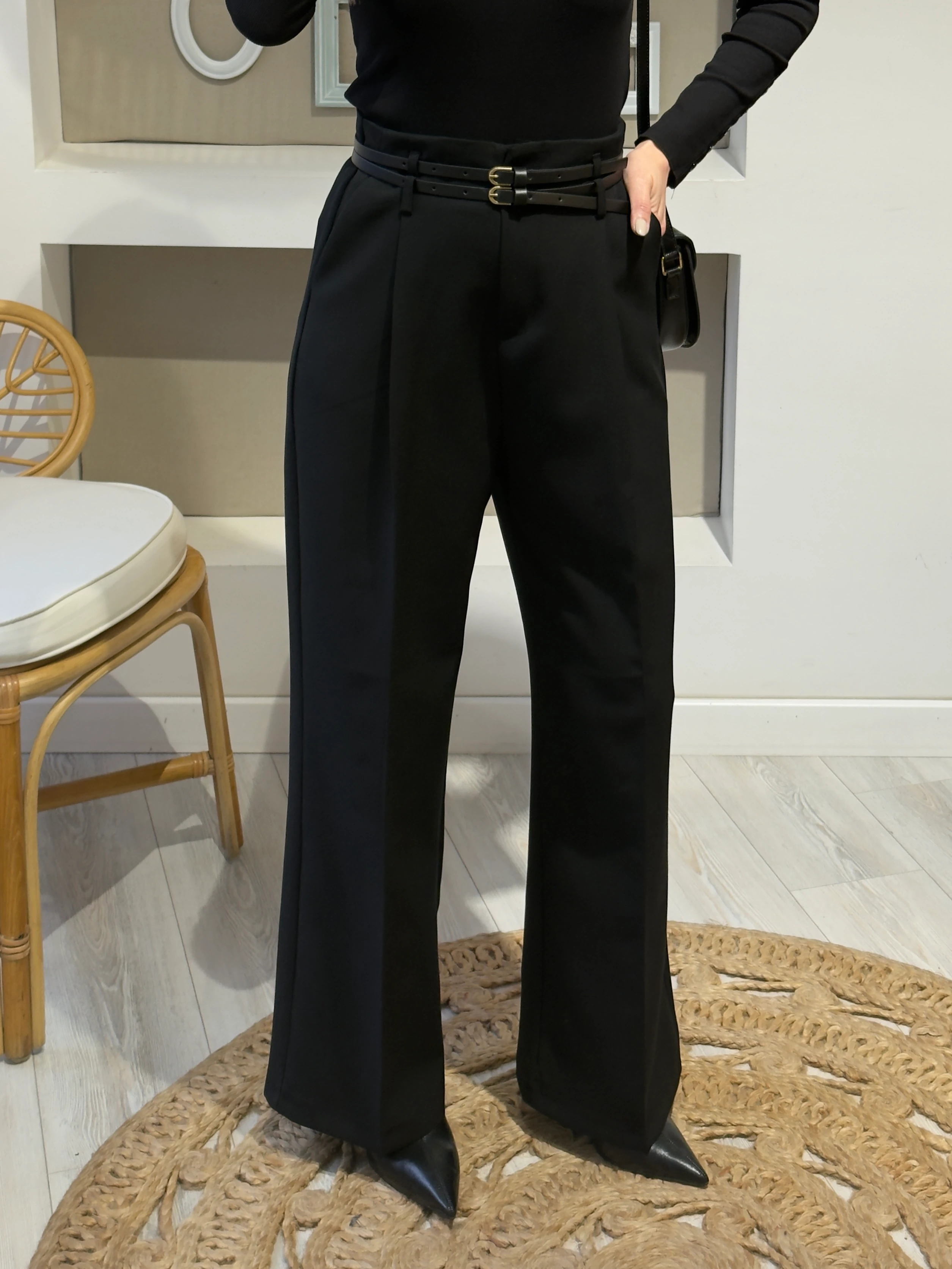 Çift Kemer Siyah Palazzo Pantolon 