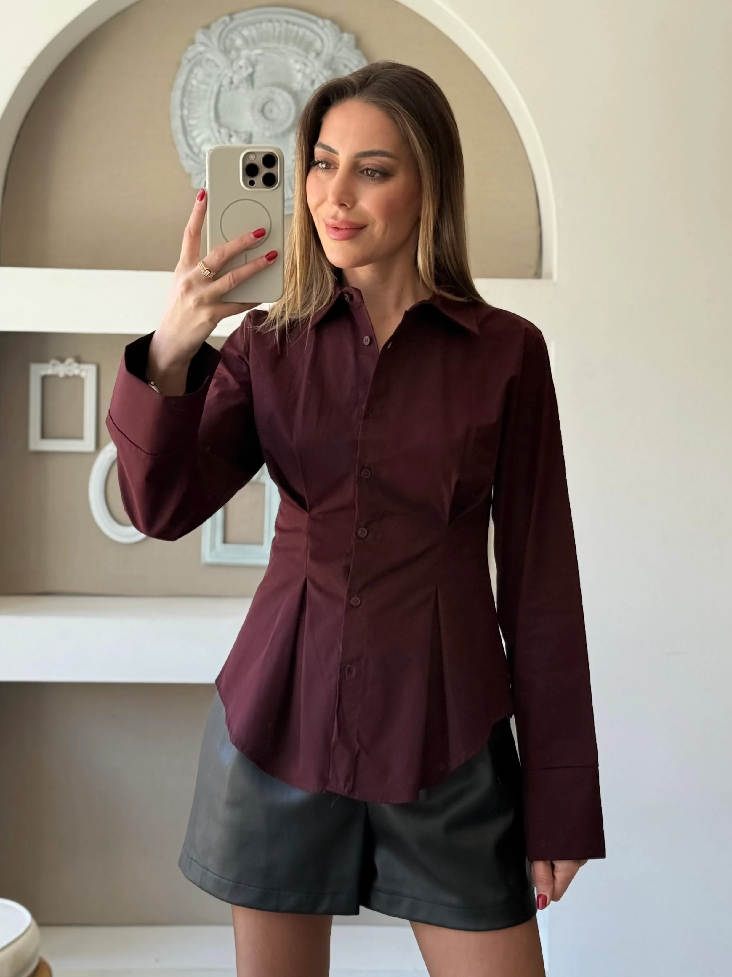 Pilili Poplin Gömlek - Bordo