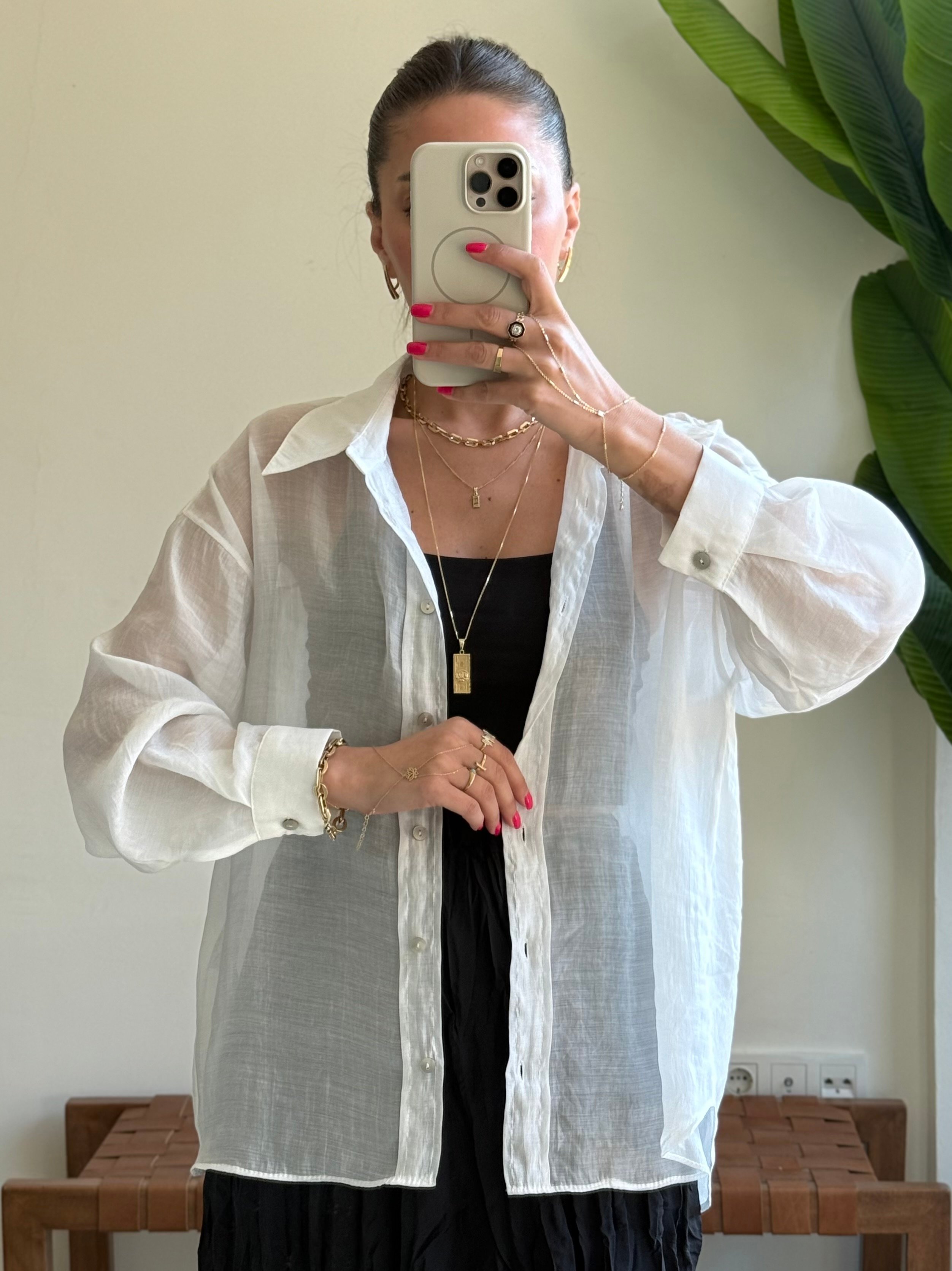 Oversize İpeksi Gömlek - beyaz