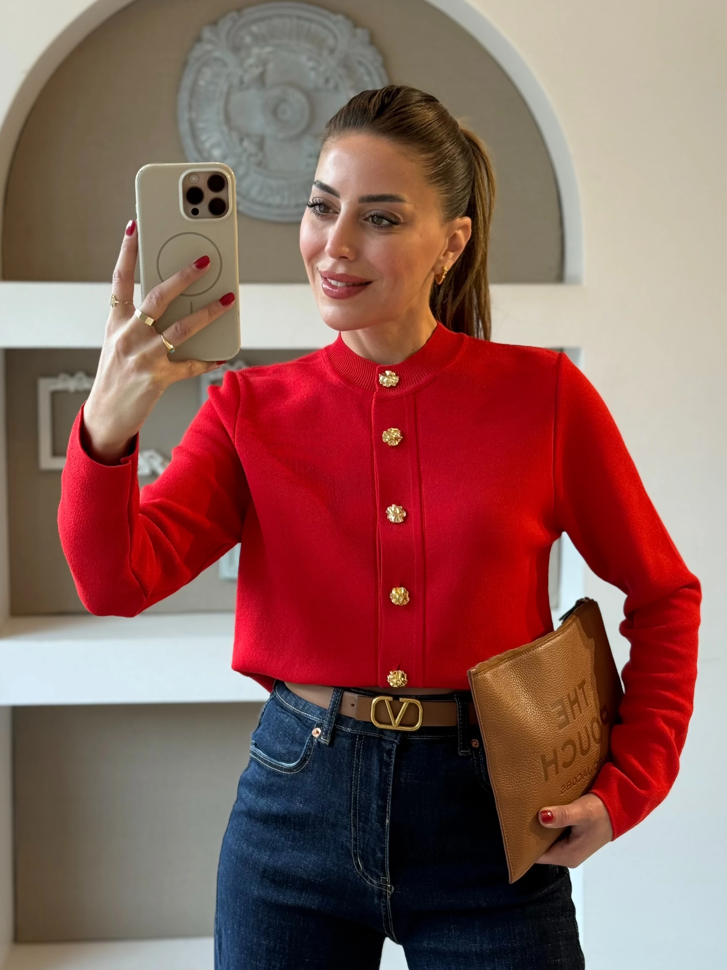 Gold Düğme Detaylı Çelik Örme Hırka - Kırmızı