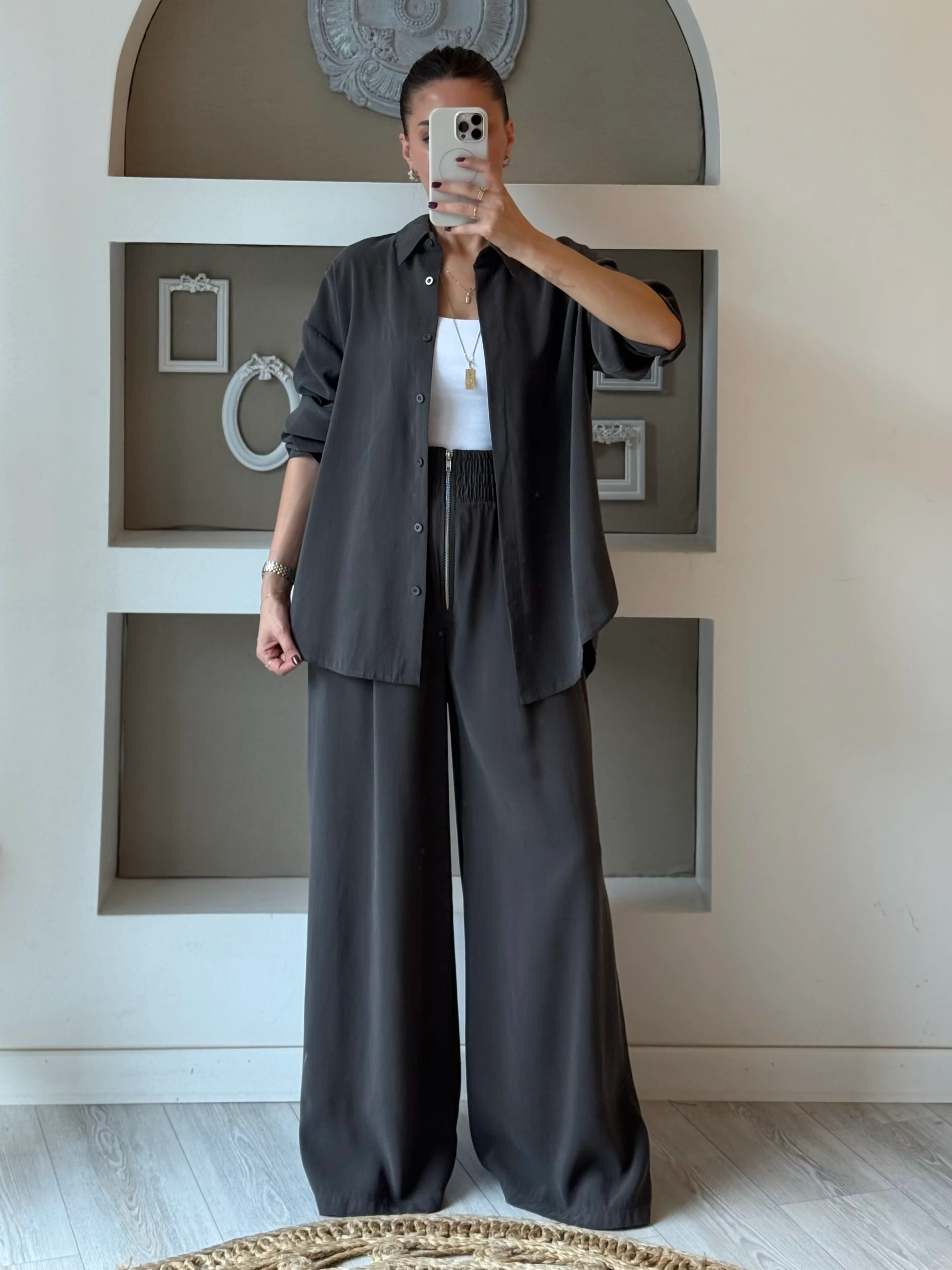 Fermuar Detaylı Tasarım Takım - Gri