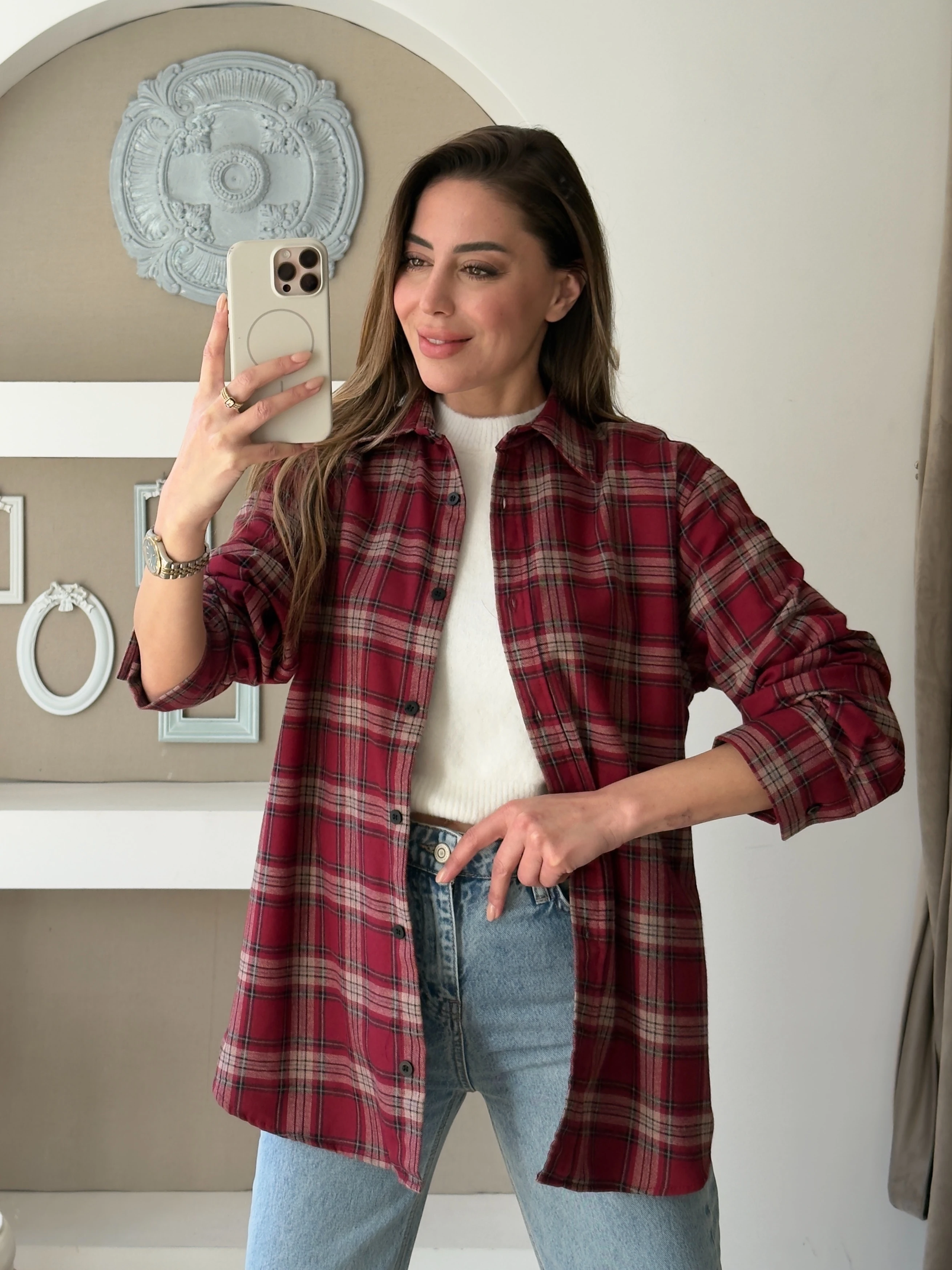 Bordo Renk Ekose Gömlek