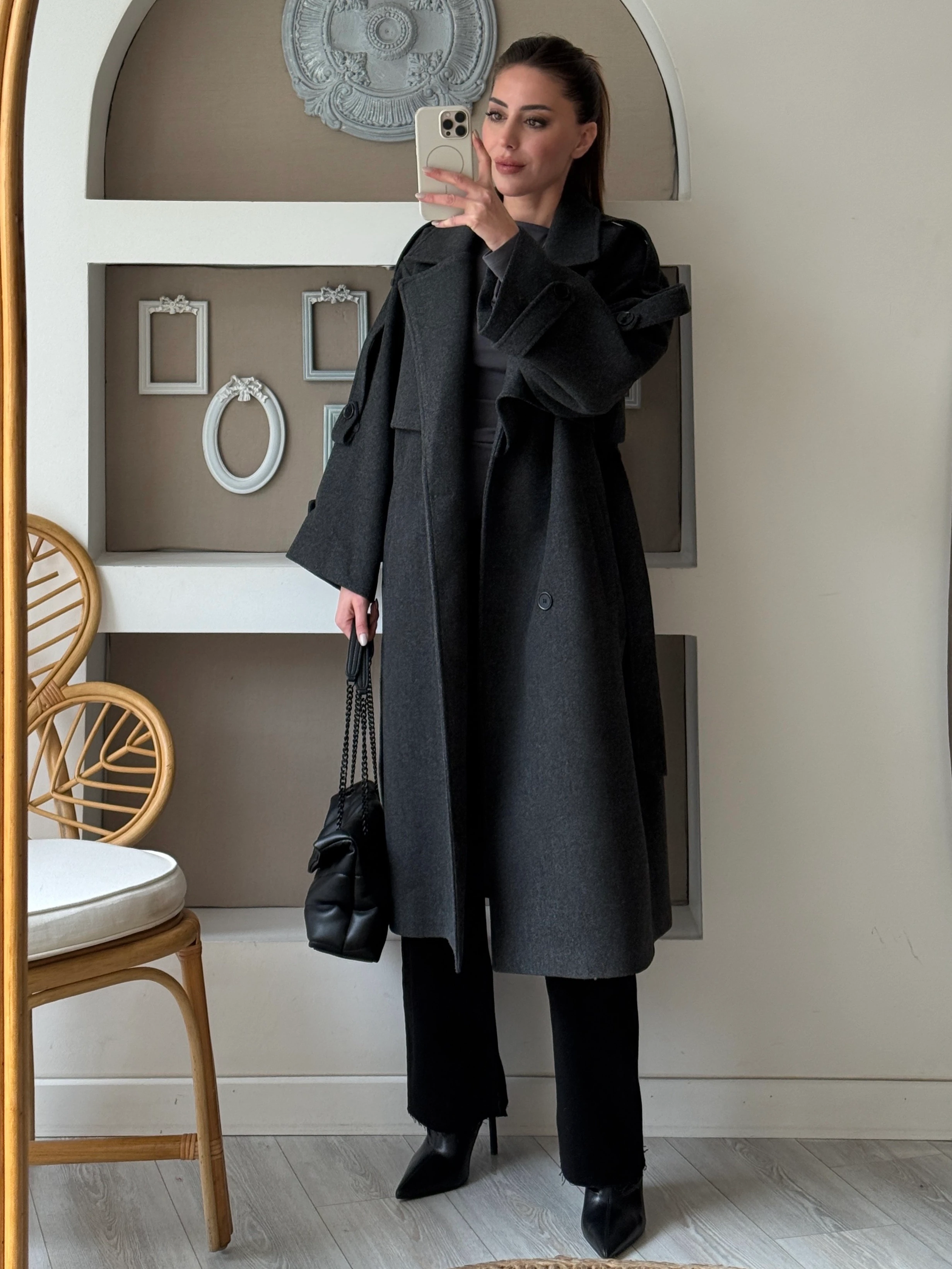 Apolet Detaylı Kaşe Kaban - Antrasit