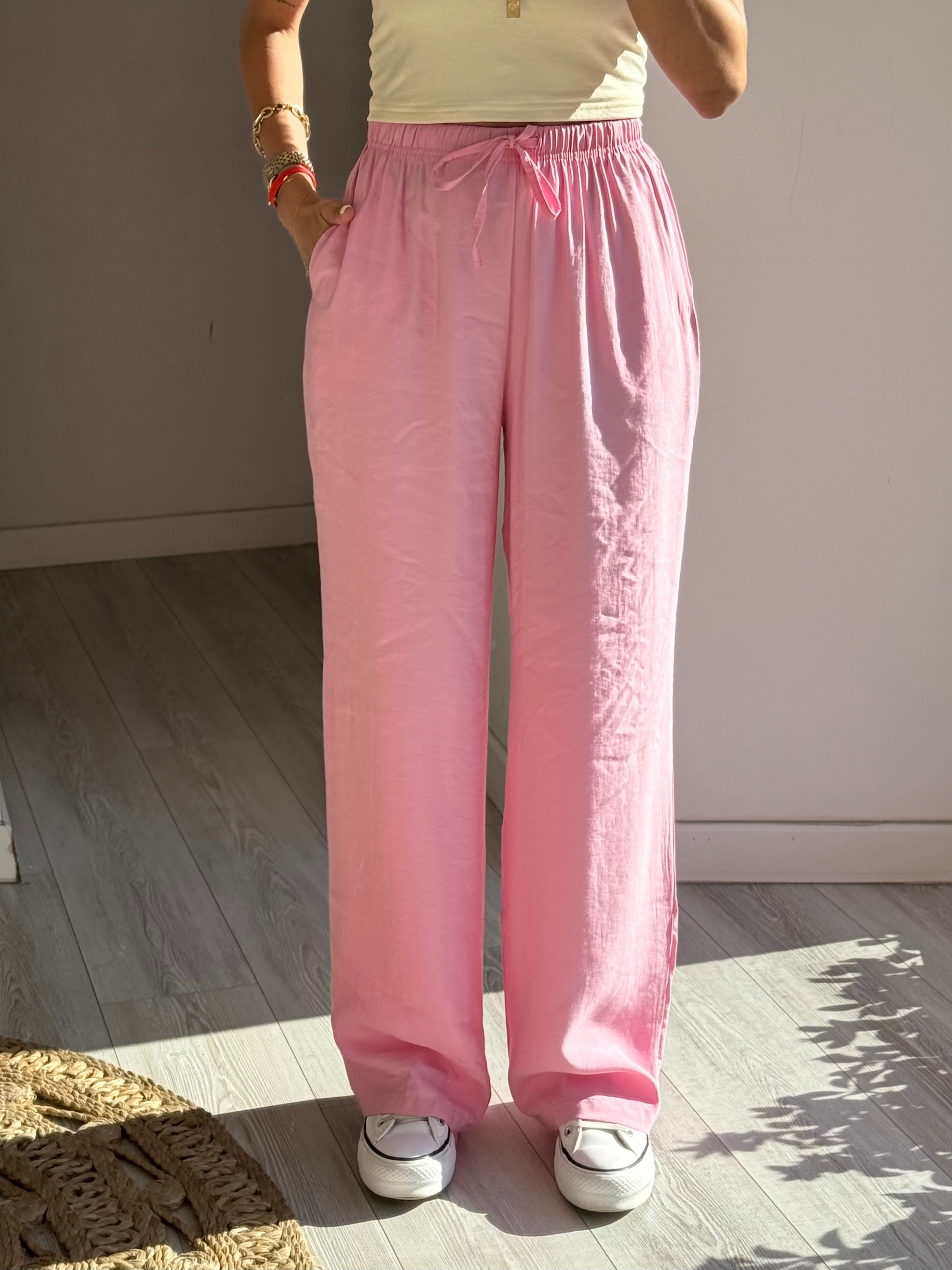 Beli Lastikli Tensel Bol Pantolon - Pembe